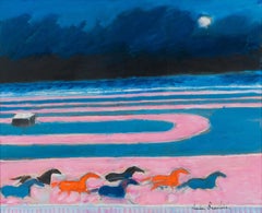 Courses en nocturne by André Brasilier - Oil painting, Animals, Horses, Colour