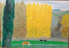"Horses in the field"  with yellow popular trees
