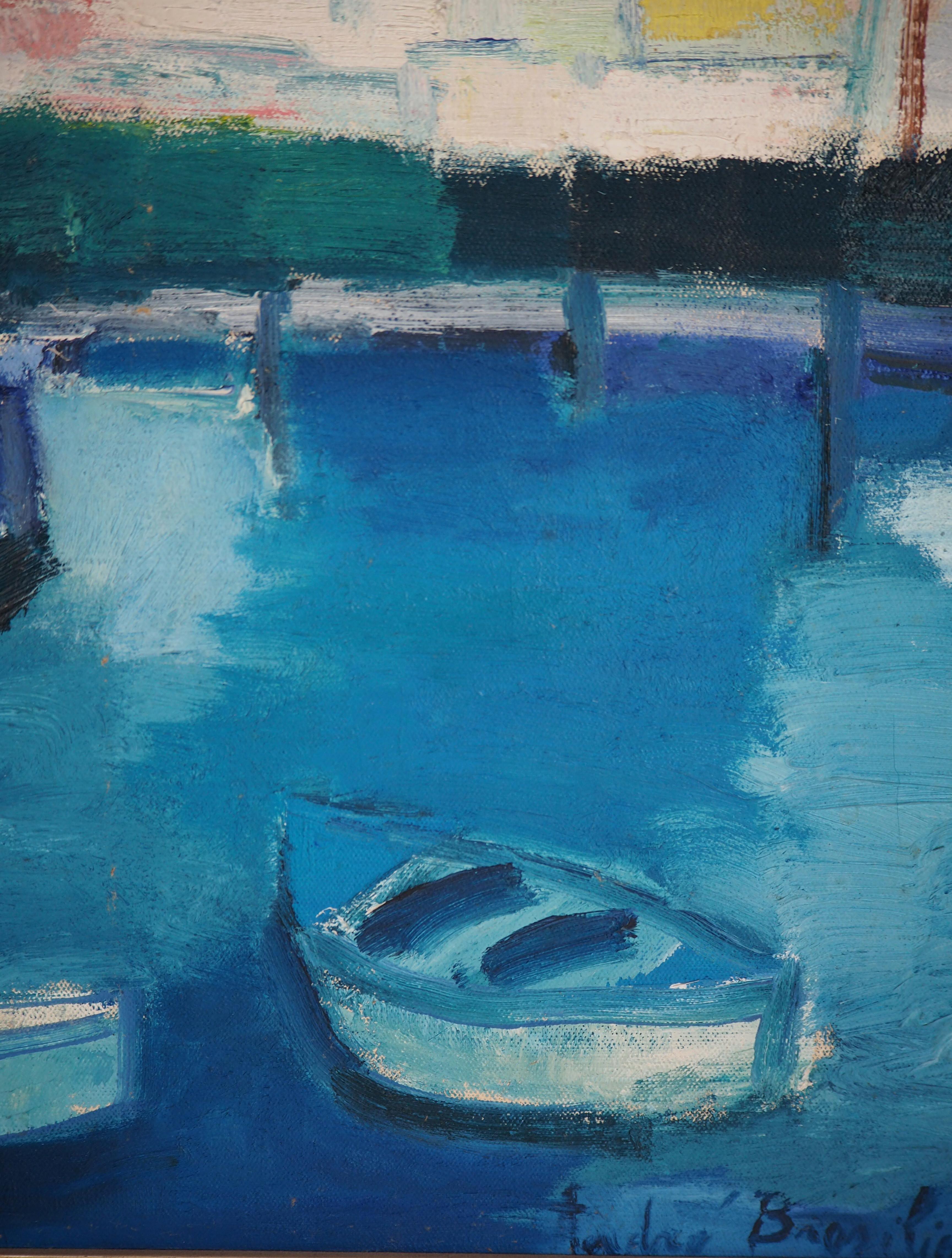 Italia : Boats in a Small Harbor - Original oil on canvas, Signed (CERTIFICATE) 2