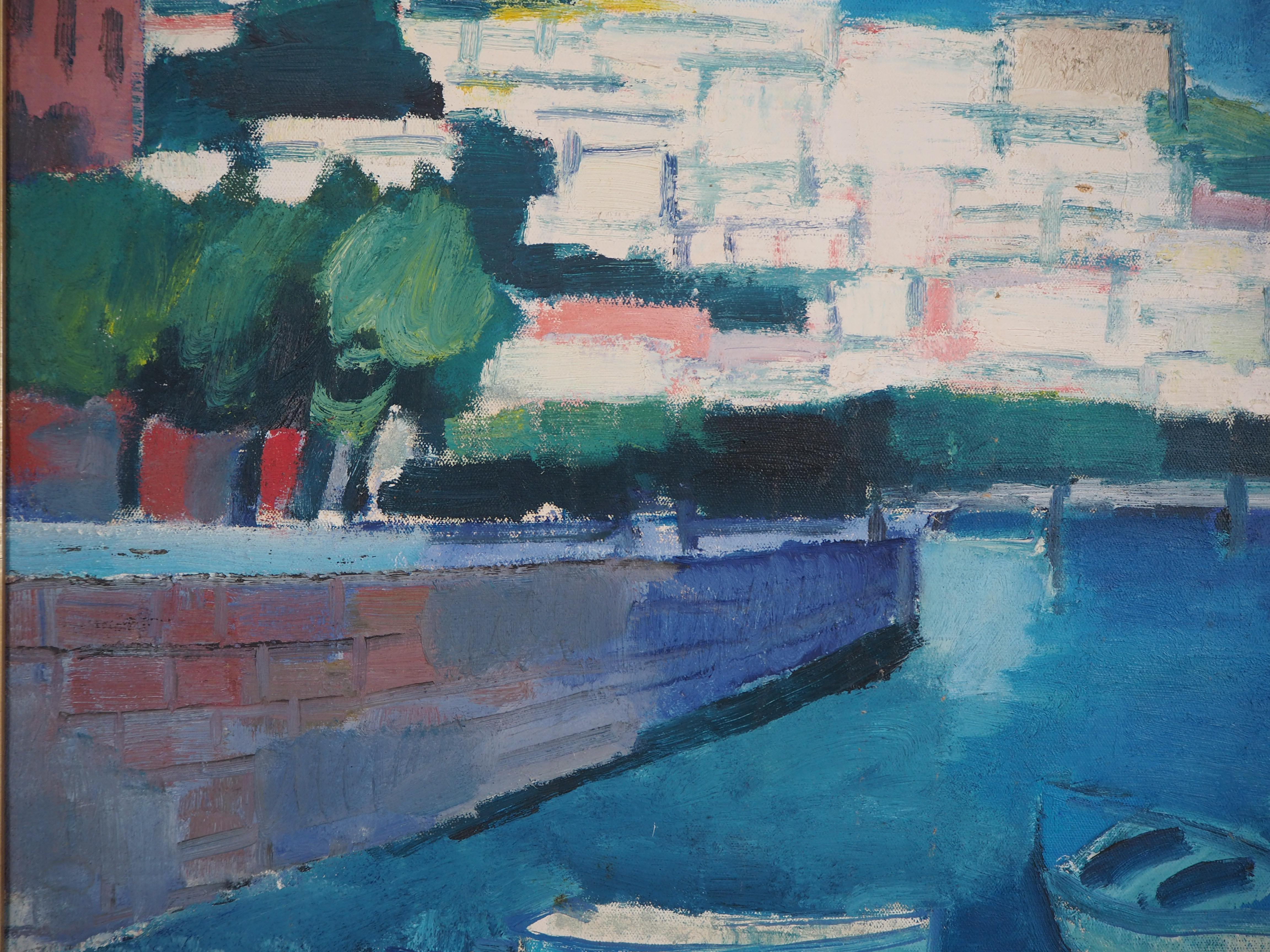 Italia : Boats in a Small Harbor - Original oil on canvas, Signed (CERTIFICATE) 4