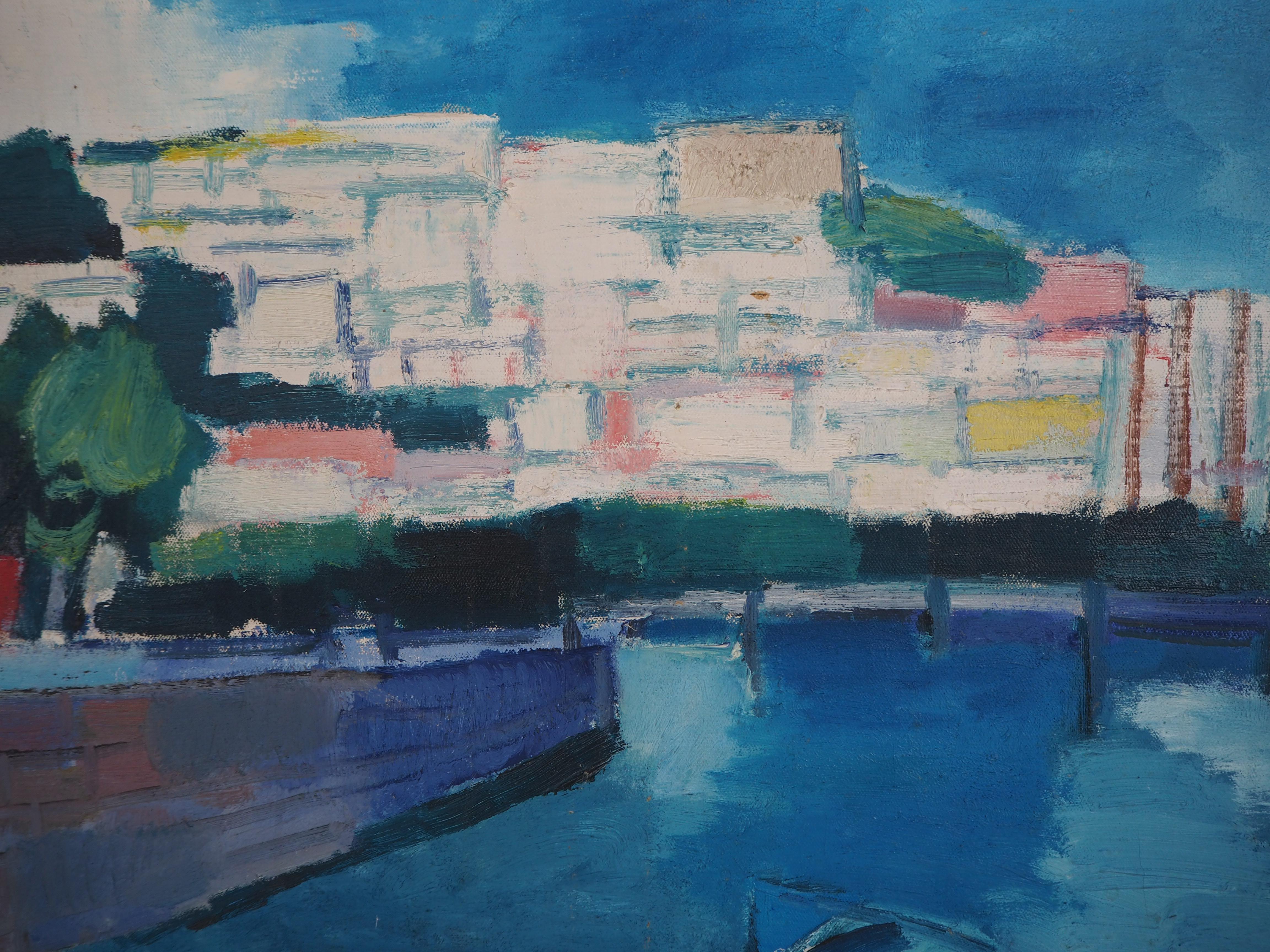 Italia : Boats in a Small Harbor - Original oil on canvas, Signed (CERTIFICATE) 1