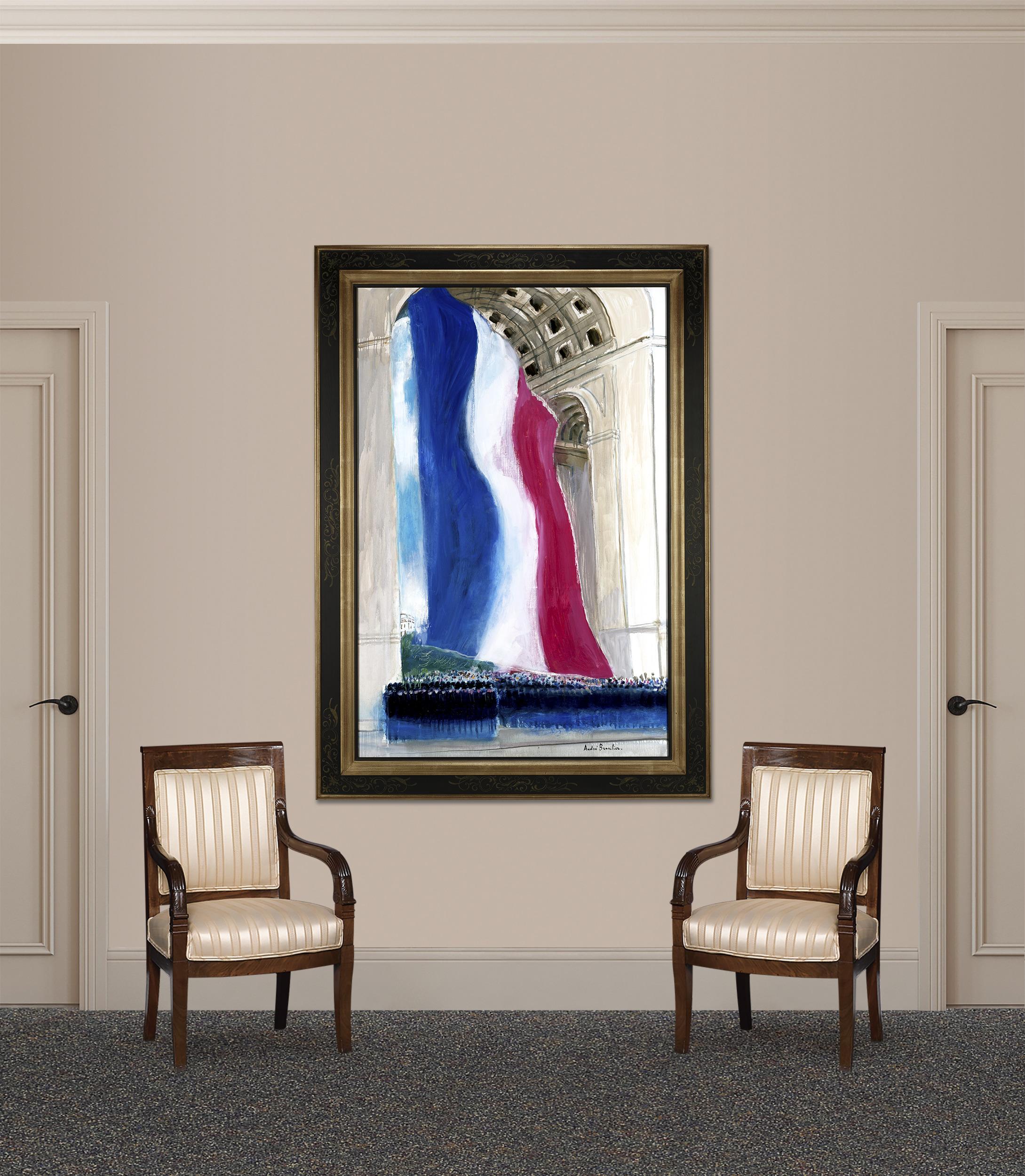 Energized with bold color, this monumental oil on canvas by famed French painter André Brasilier captures the famed Arc de Triomphe, one of Paris' most recognizable landmarks, on Bastille Day. The architectural grandeur of the historic site and the