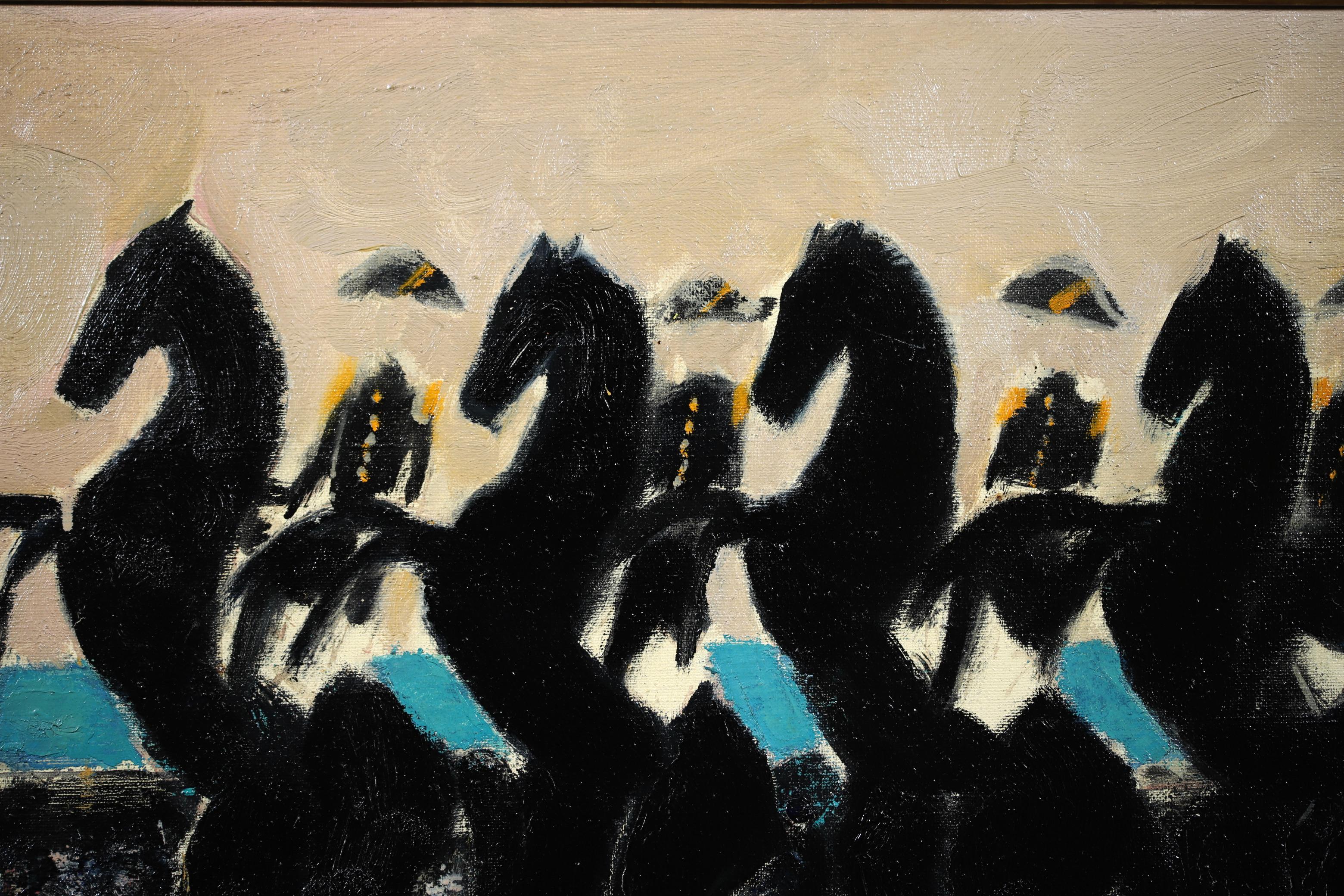 Huile sur toile signée, vers 1965, par le peintre expressionniste français Andre Brasilier. L'œuvre représente quatre militaires en uniforme de la marine française sur des chevaux noirs. Une pièce magnifique dans le style distinctif de