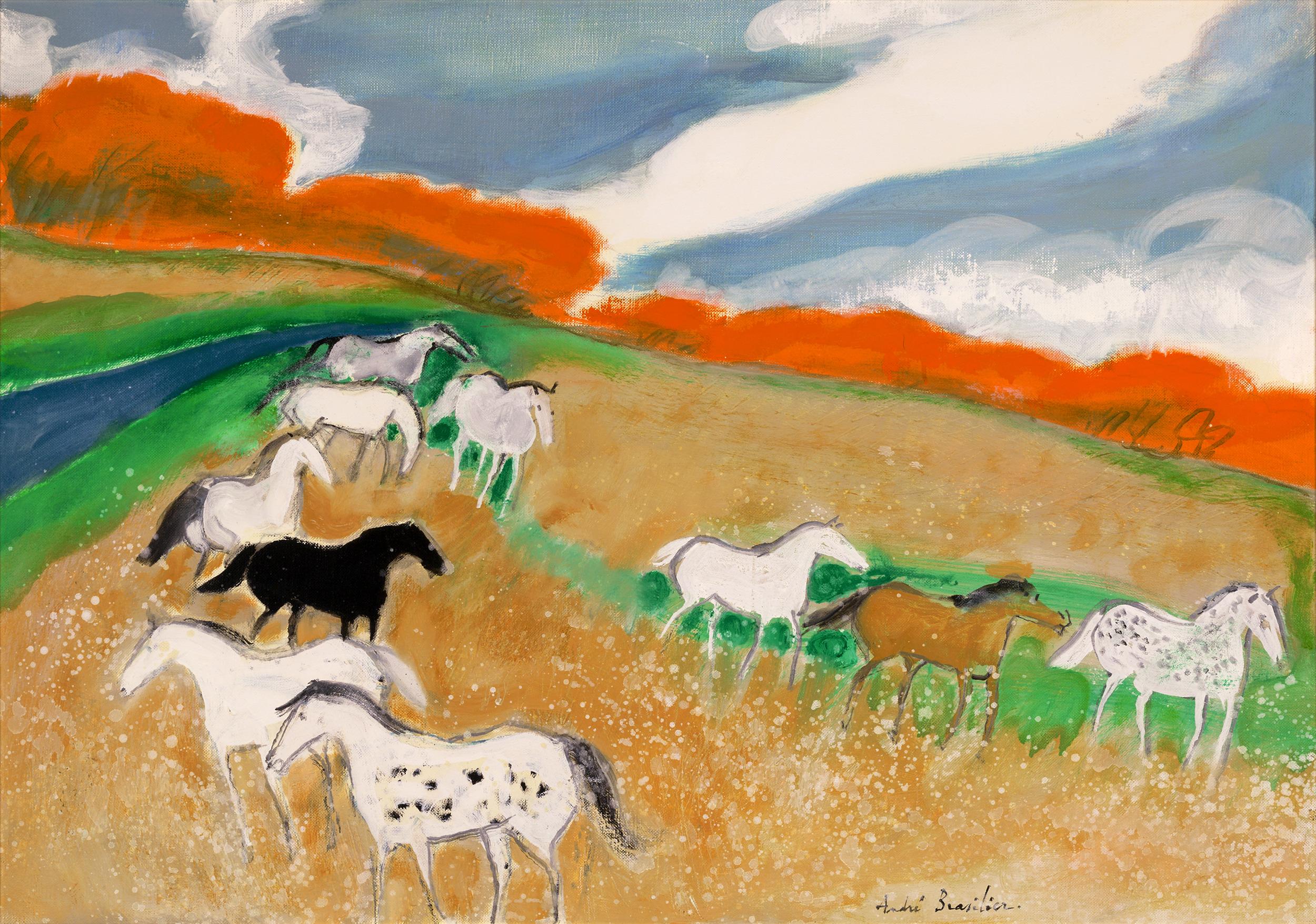 André Brasilier
b. 1929  French

Les buisson ardents

Signed “André Brasilier” (lower right); signed, dated and inscribed "Pour Alexis. Mai 1982" (en verso)
Oil on canvas

Swirling with bold color and a herd of majestic horses, this striking oil on