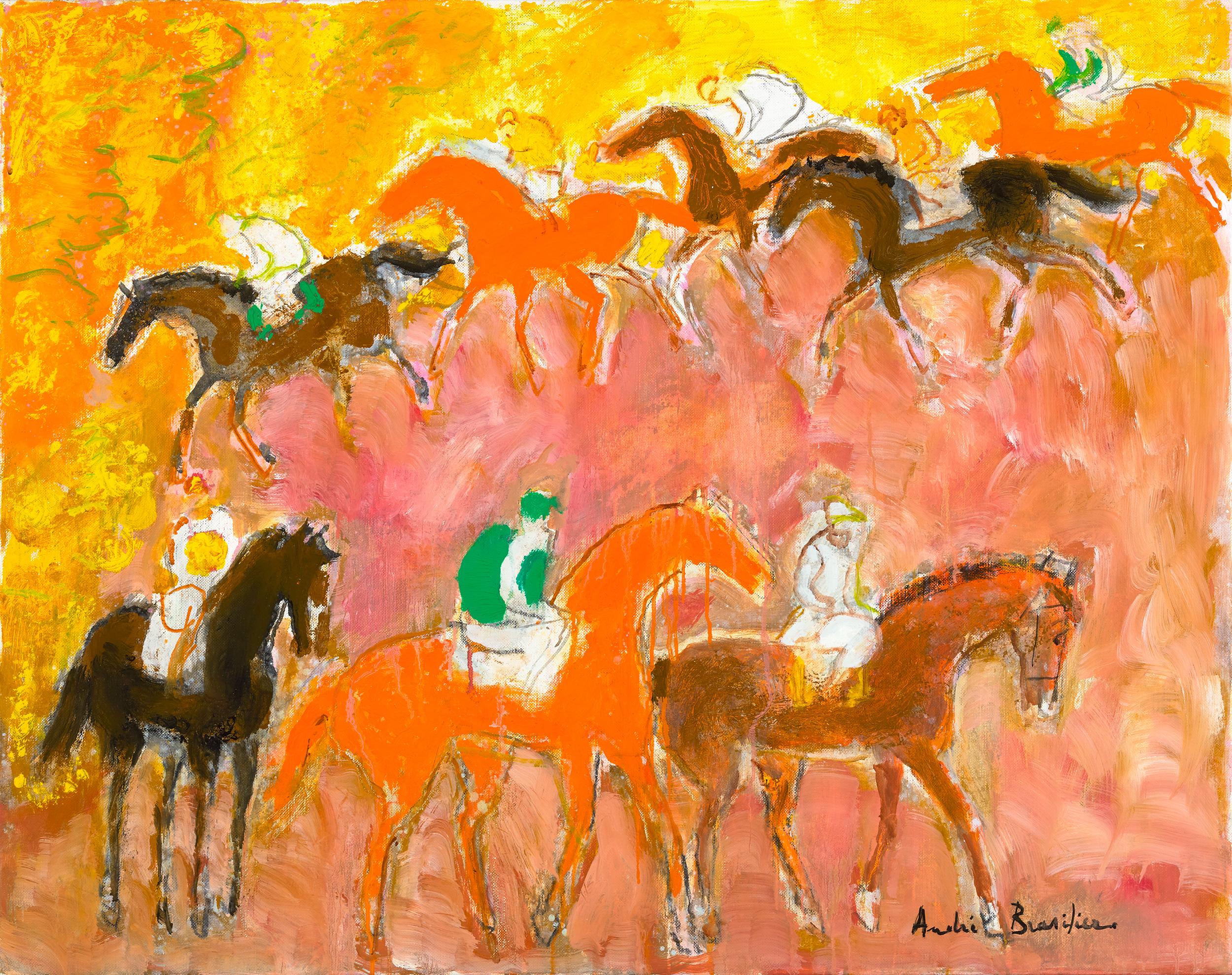 André Brasilier
b. 1929  French

Les chevaux de feu
(The Fire Horses)

Signed “André Brasilier” (lower right)
Oil on canvas

Combining abstract expressionist elements with dynamic brushwork and pulsating color, this compelling oil on canvas is the