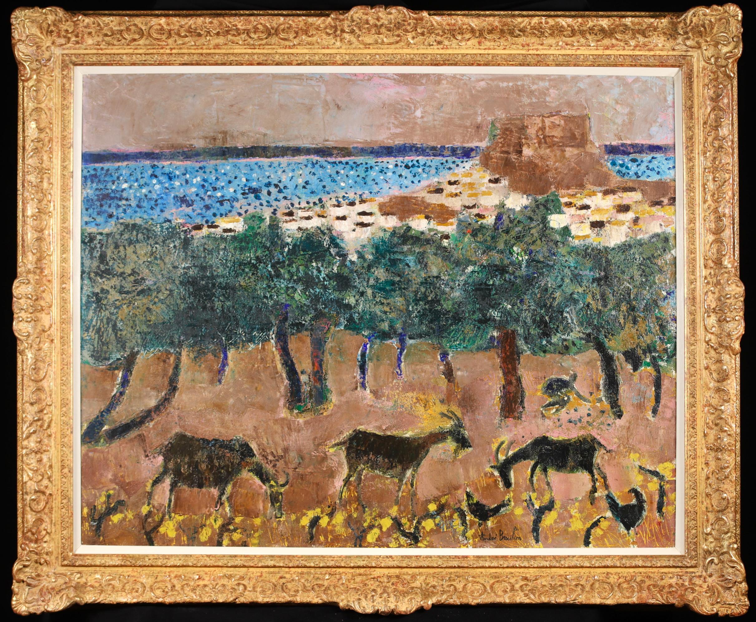 Huile sur toile signée animaux dans un paysage par le peintre expressionniste français Andre Brasilier. L'œuvre représente des chèvres et des oiseaux devant des arbres verts et une mer bleue au-delà. Cette œuvre de jeunesse a été peinte par