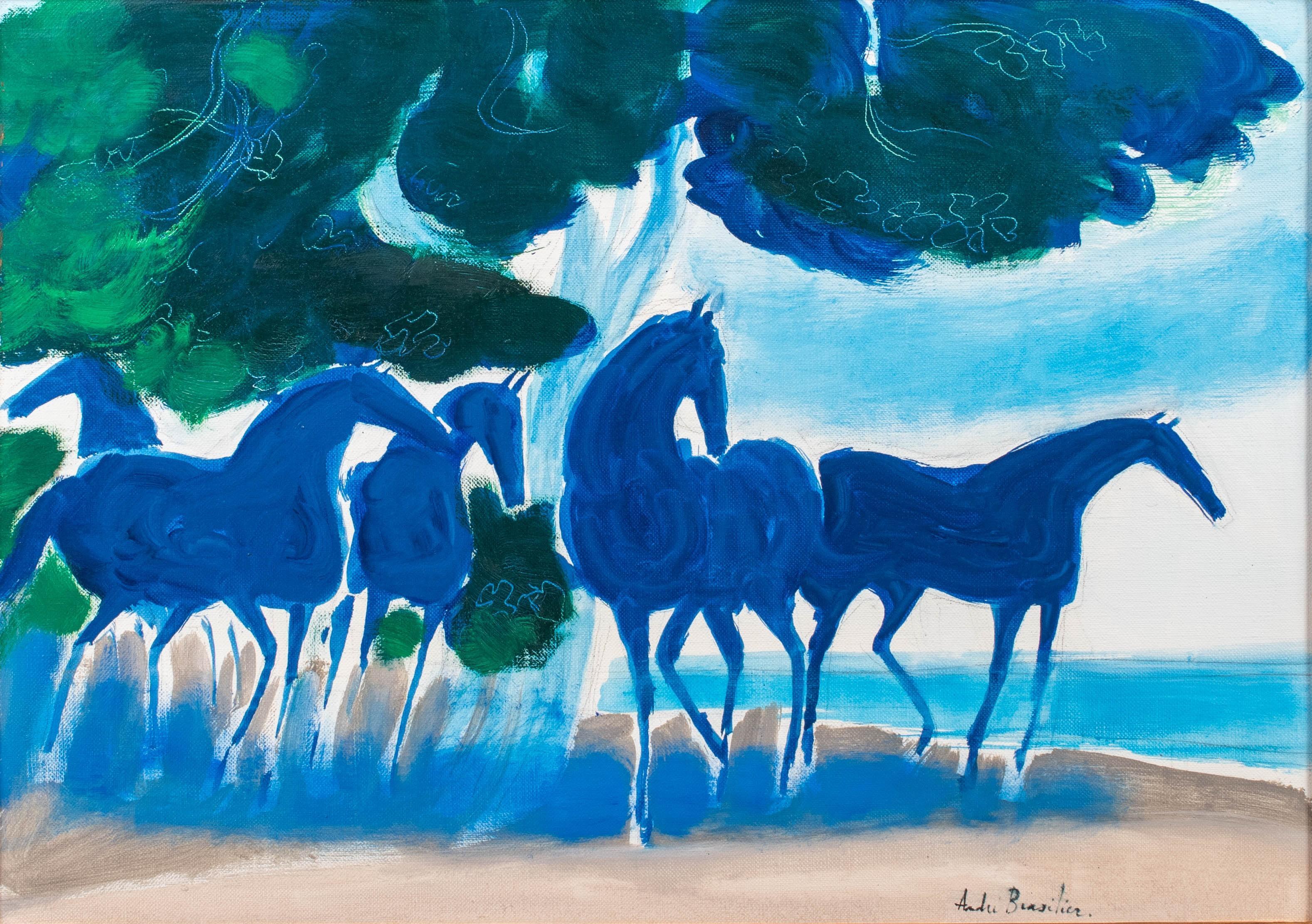 Oil painting Horses Under a Fig Tree at impressive blue coloring by Brasilier - Painting by André Brasilier