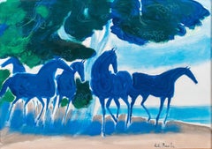 Oil painting Horses Under a Fig Tree at impressive blue coloring by Brasilier