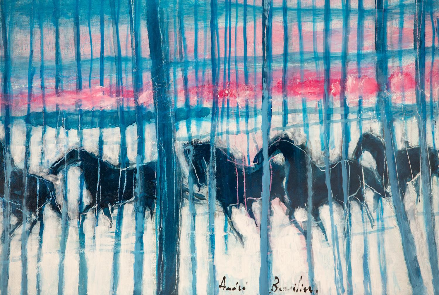 Soir d'hiver en Tardenois par André Brasilier - Peinture à l'huile animalière en vente 3