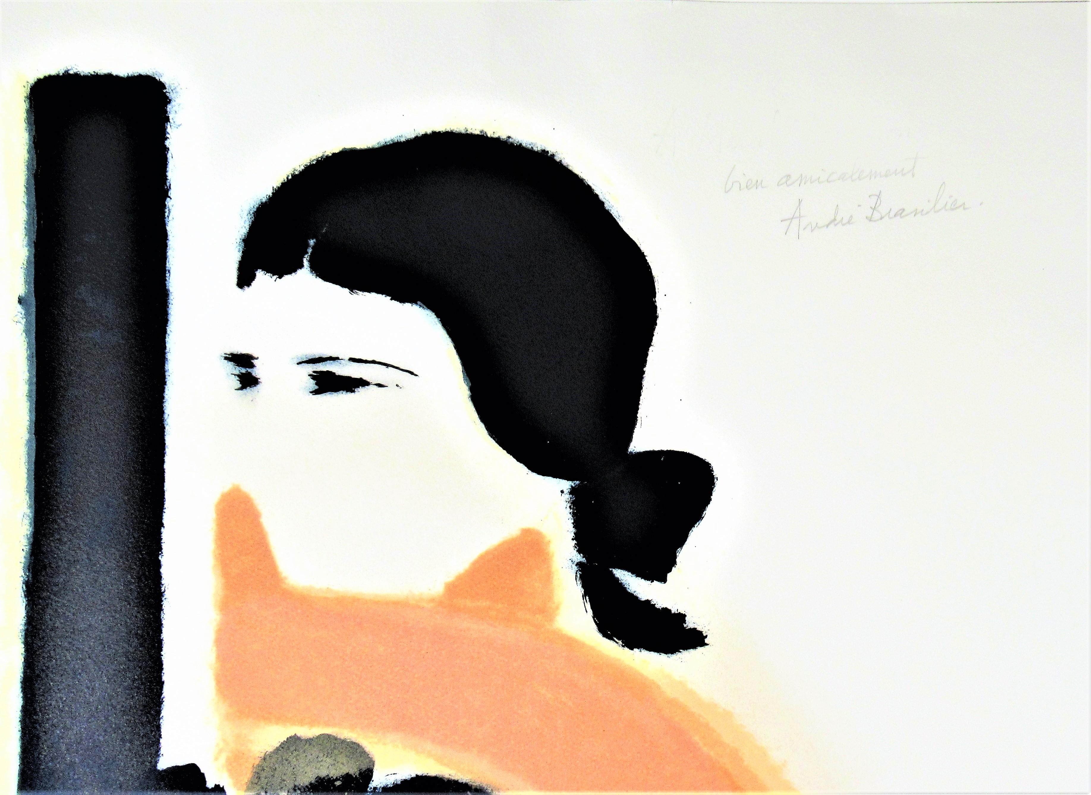 Grande lithographie en couleur « Femme au Vase de Fleurs » - Beige Figurative Print par André Brasilier