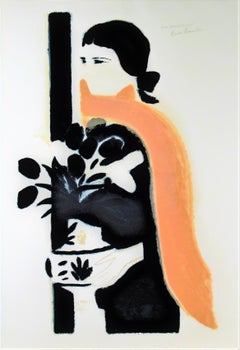 Grande lithographie en couleur « Femme au Vase de Fleurs »