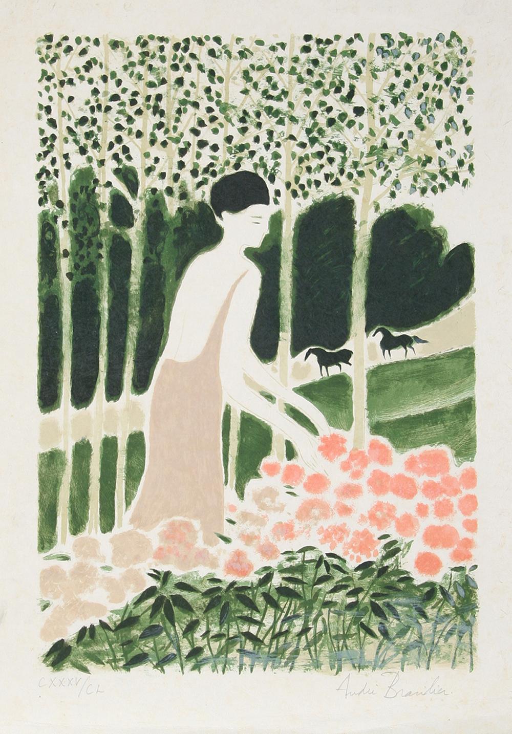 André Brasilier Figurative Print - Femme avec Fleurs, Lithograph by Andre Brasilier