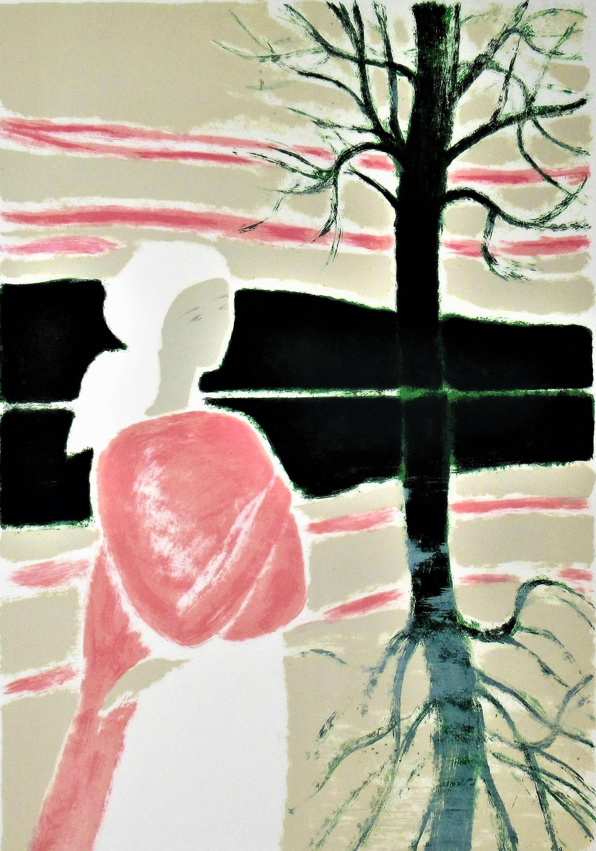 Femme en rose avec un arbre - Print de André Brasilier