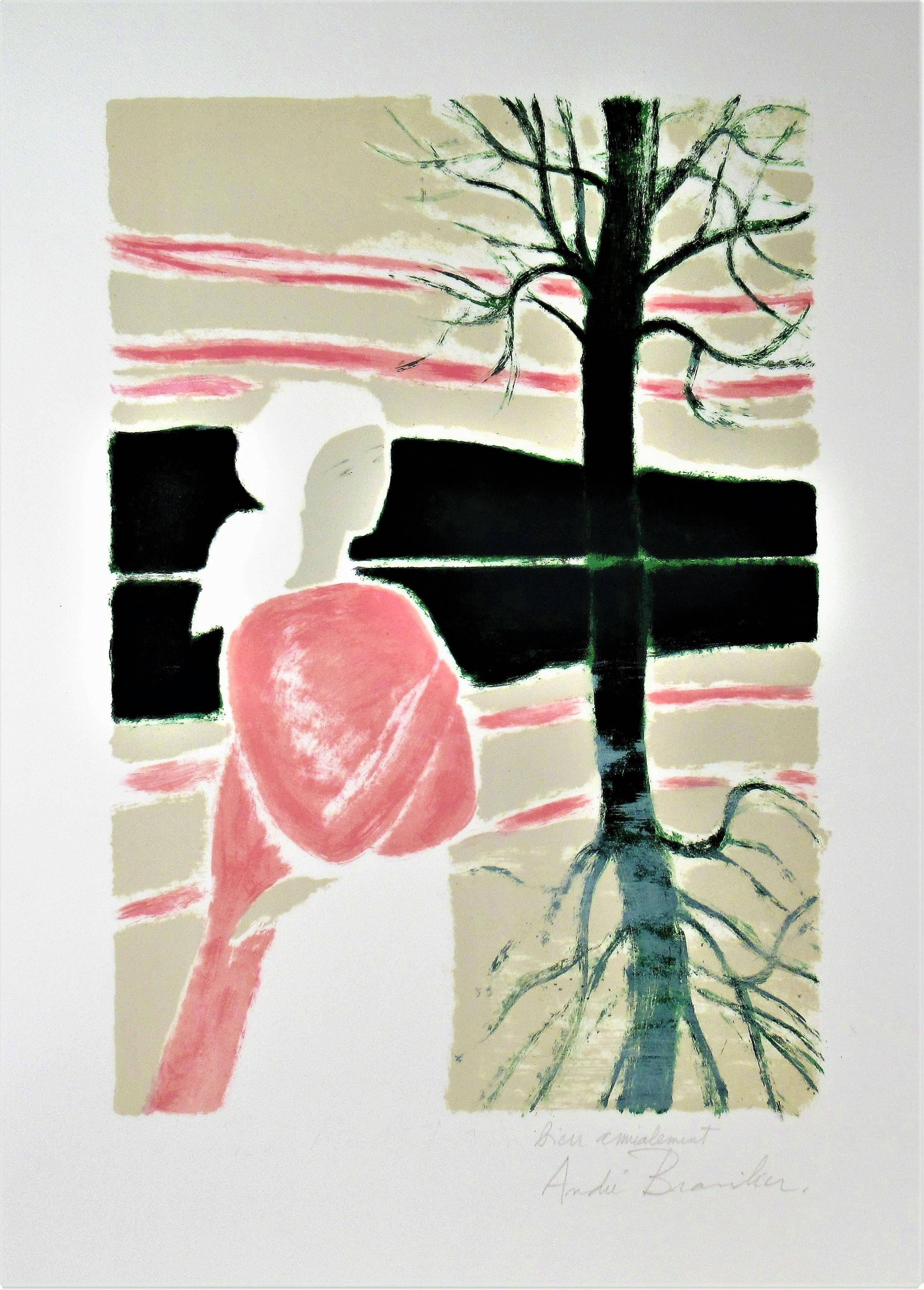 André Brasilier Figurative Print - Femme en Rose Avec un Arbre