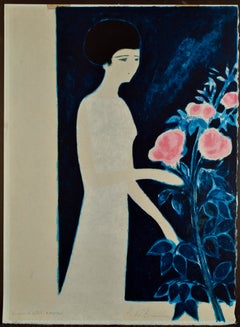 "Girl Picking -- Flowers Le Rosier Blanc, 1975" Original Color Lithograph 