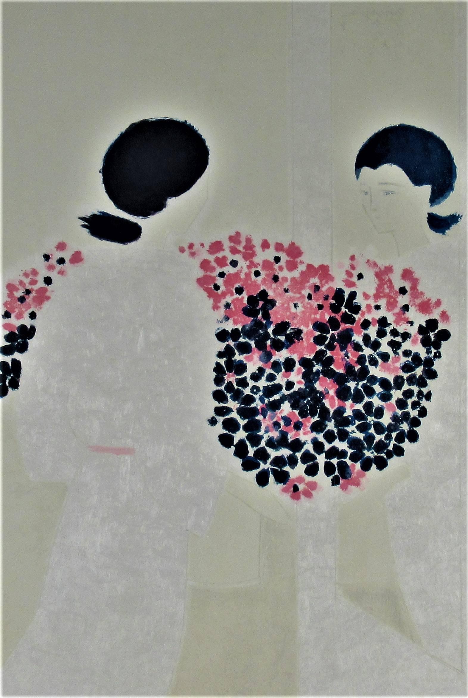 Two Women with Flowers - Print by André Brasilier