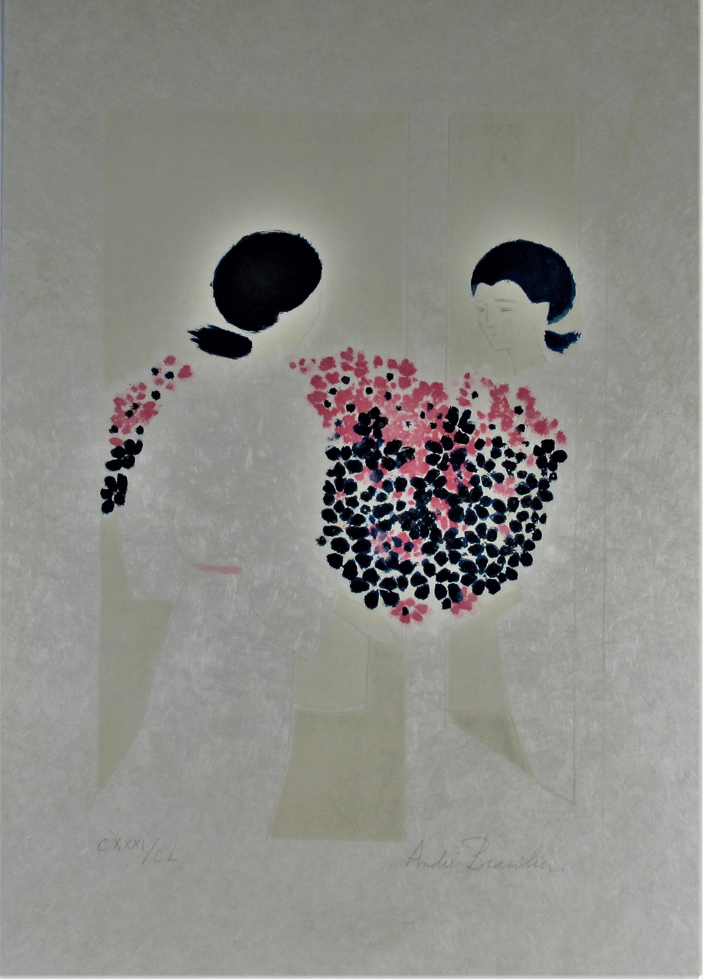 André Brasilier Figurative Print - Two Women with Flowers