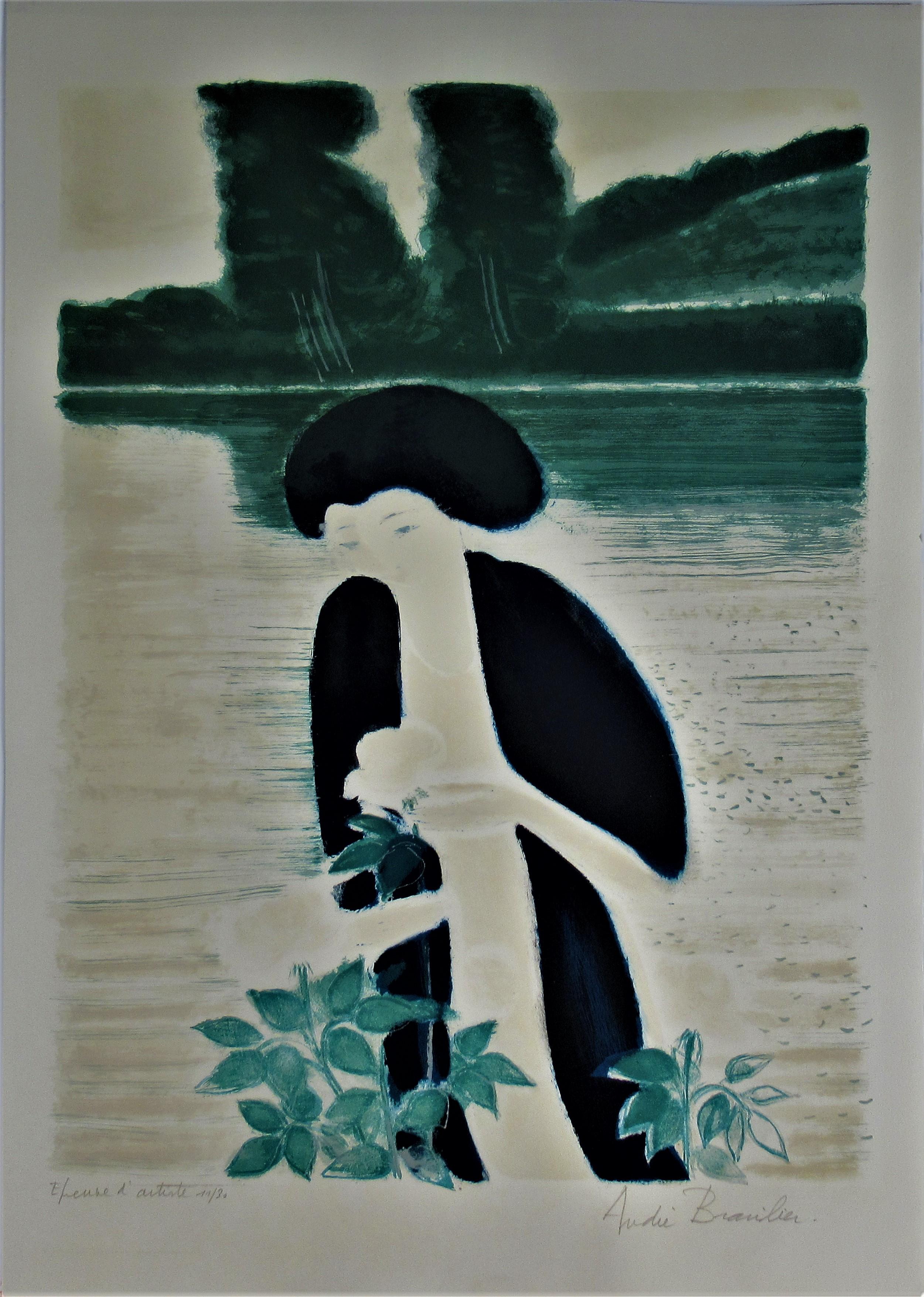 André Brasilier Figurative Print - Woman with Flowers and Lake