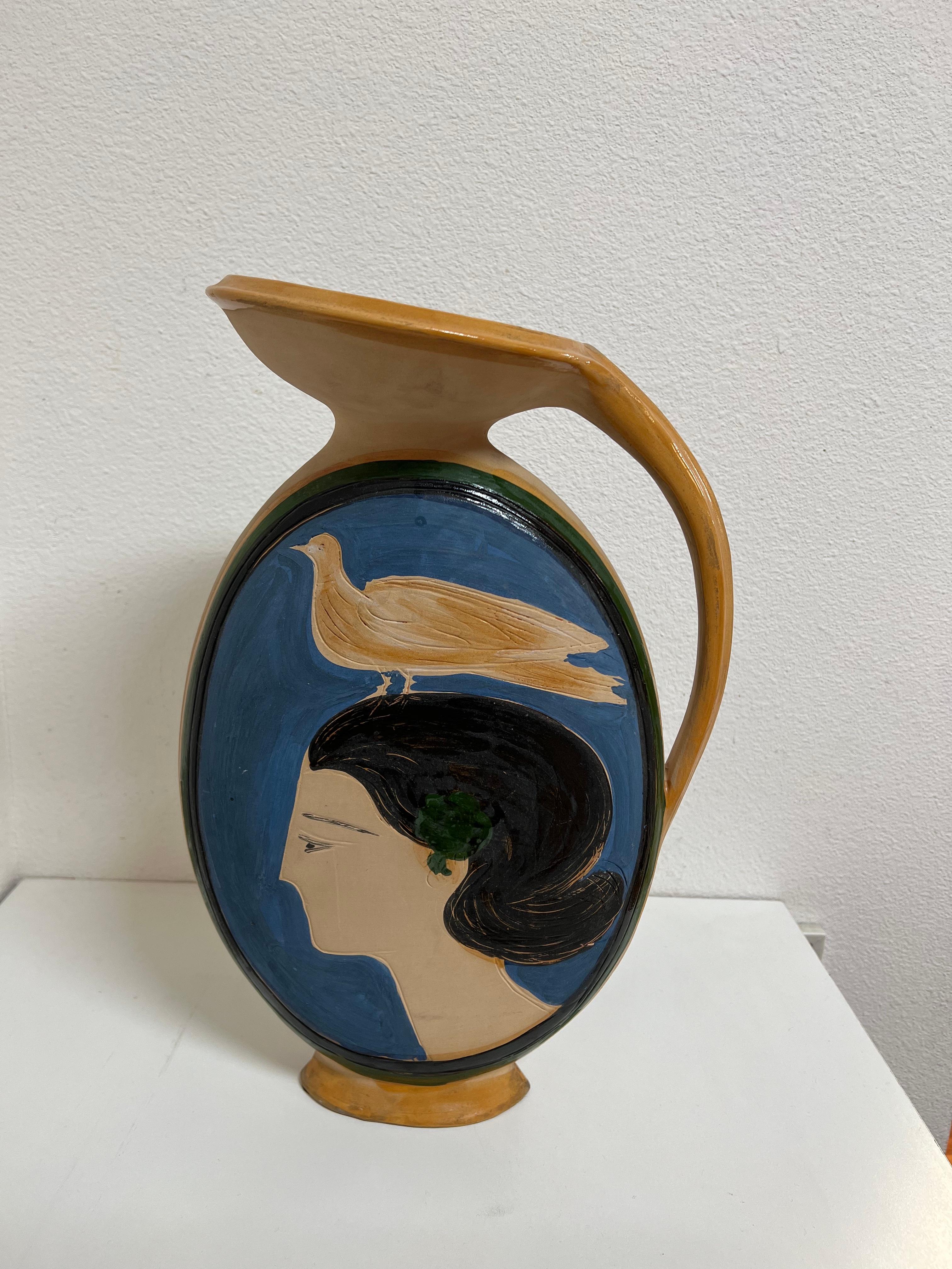 André Brasilier, Femme à l'oiseau, céramique, inscrite et numérotée 5