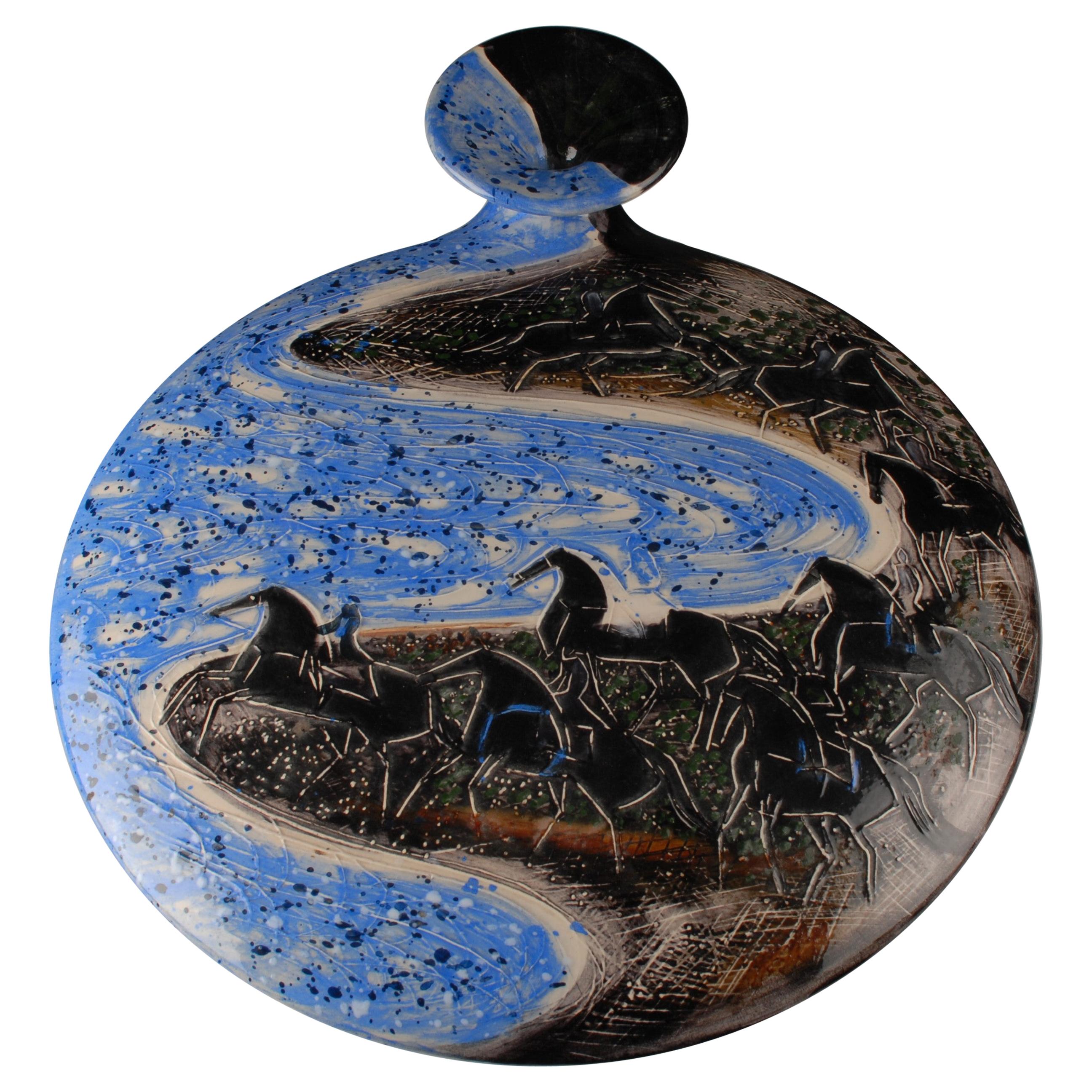 Andre Brasilier Vallauris 20th Century Ceramic Vase Decorated with Horses  For Sale at 1stDibs