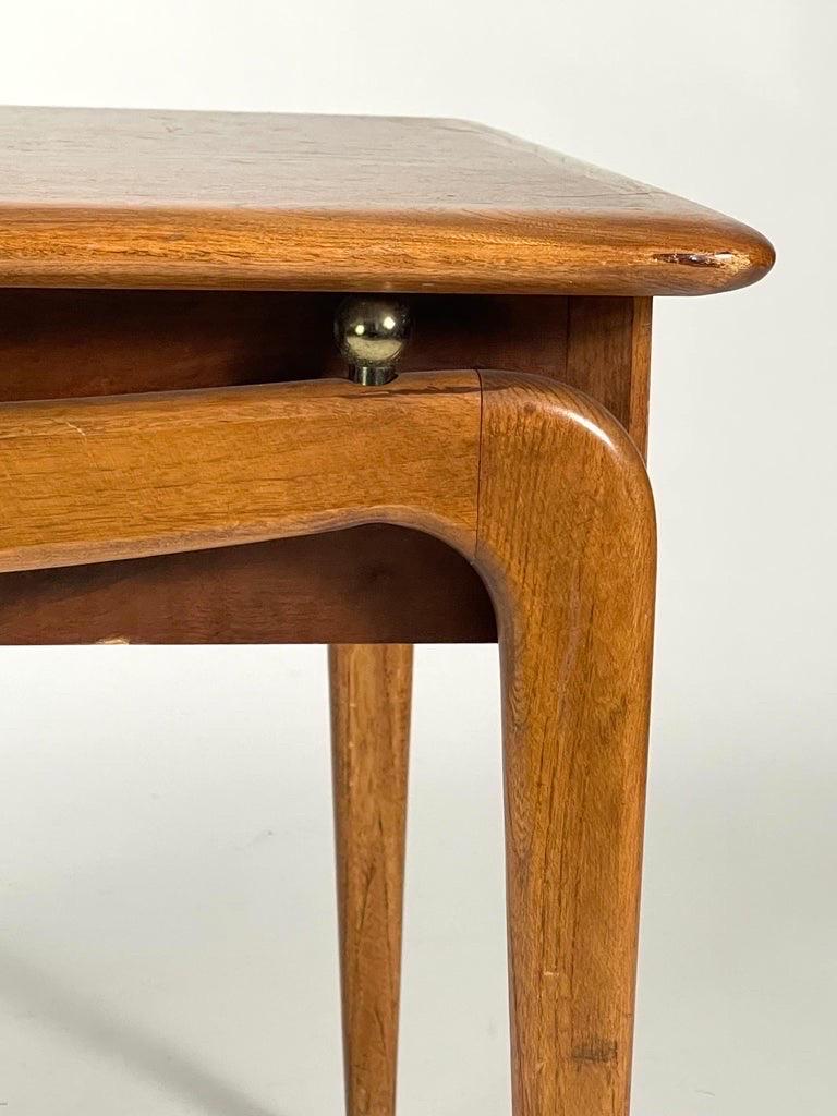 Andre Bus For Lane Perception walnut tables. A pair of well made, mid-century modern end tables or night tables by the Lane Furniture Company (Virginia), the rectangular tops in light mahogany and edged with oak or ash, the drawer fronts decorated