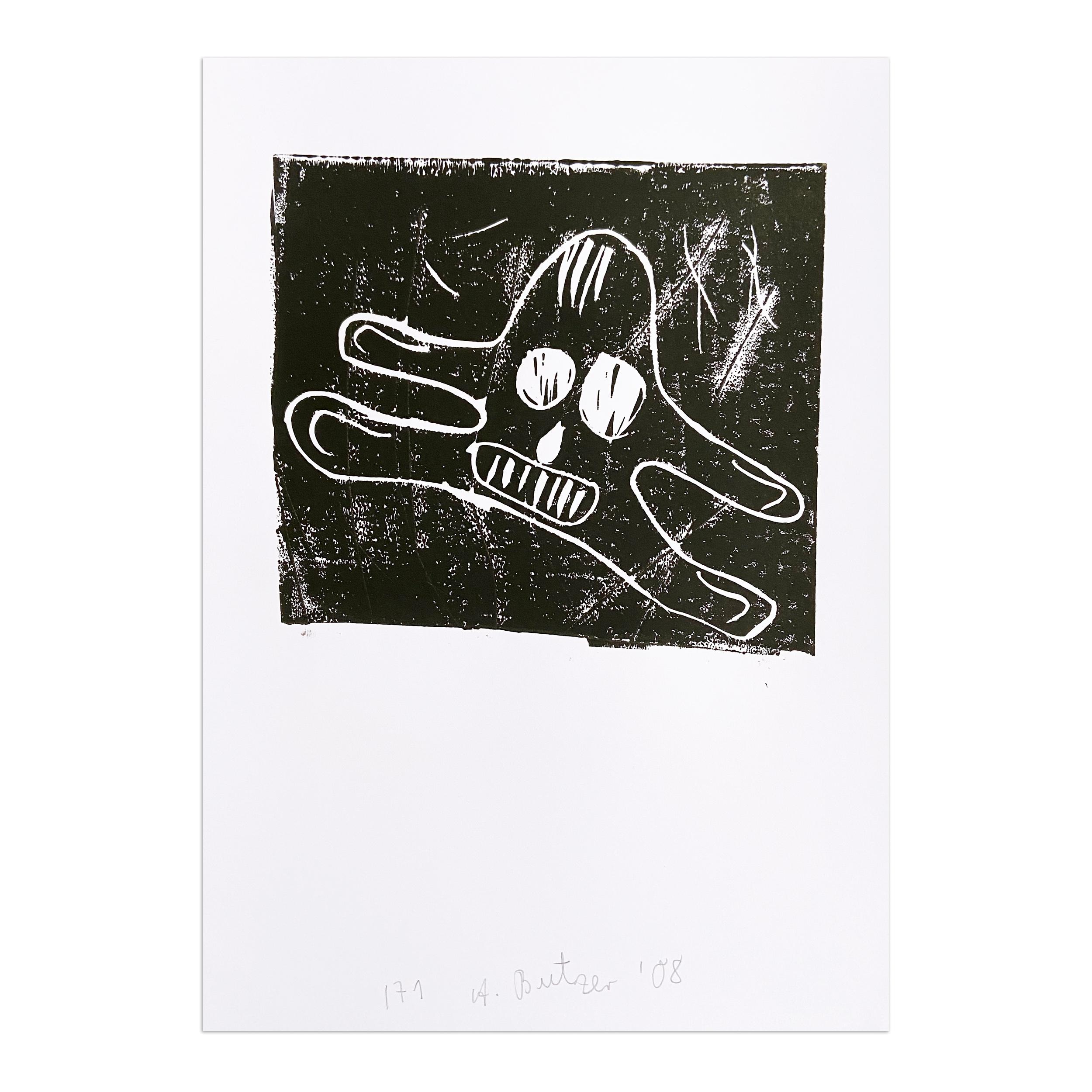 André Butzer (allemand, né en 1973)
Sans titre, 2008
Support : Linogravure sur papier
Dimensions : 16 1/2 × 11 4/5 in (42 × 30 cm)
Edition de 50 exemplaires : signés et numérotés à la main.
Condit : Très bon