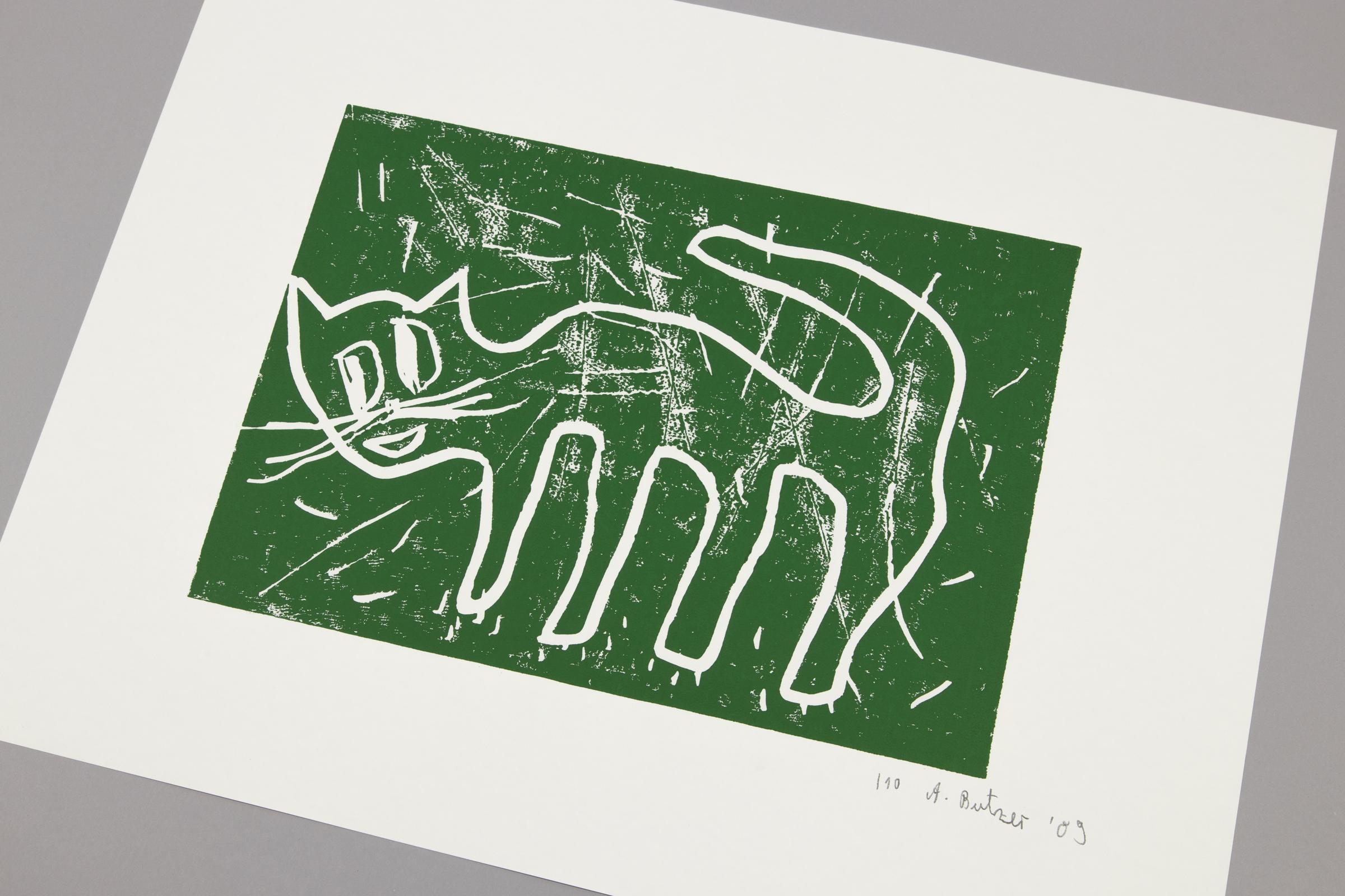 André Butzer, Katze - Linolschnitt von 2009, Zeitgenössische Kunst, Signierter Druck im Angebot 1