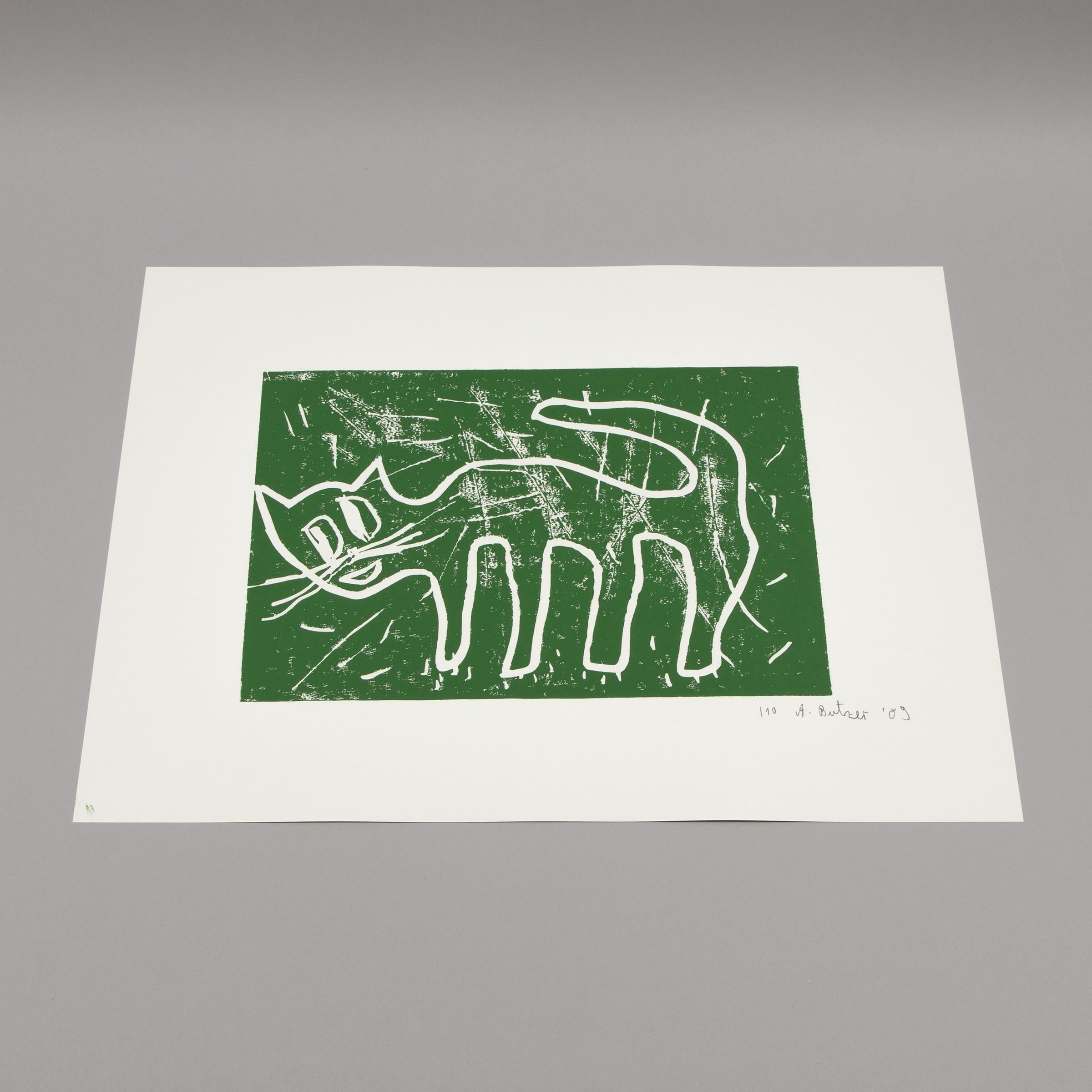 André Butzer, Katze - Linolschnitt von 2009, Zeitgenössische Kunst, Signierter Druck im Angebot 2