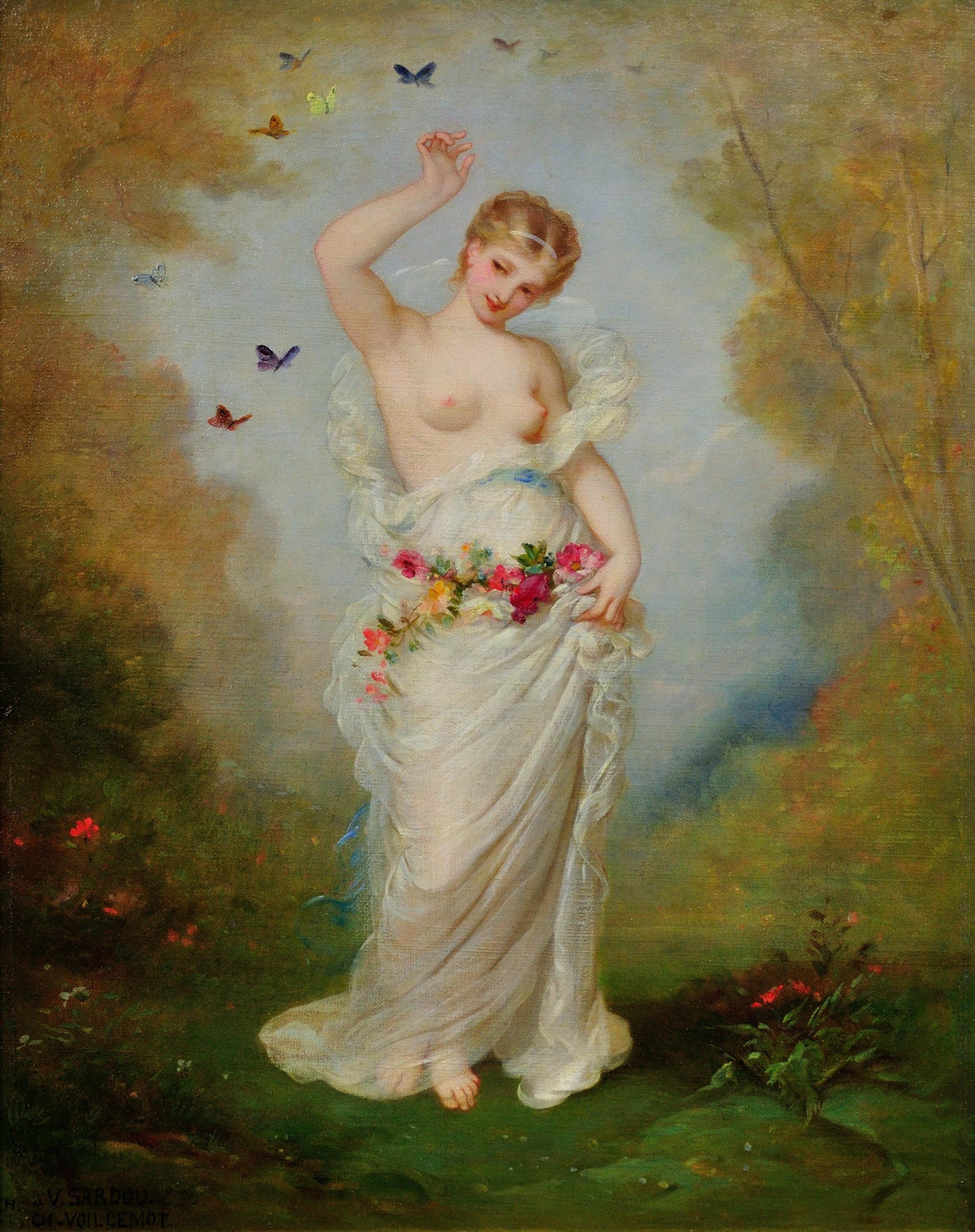 Quadro a olio incorniciato in stile accademico francese del 1860 Temi romantici e mitologici - Painting di André Charles Voillemot