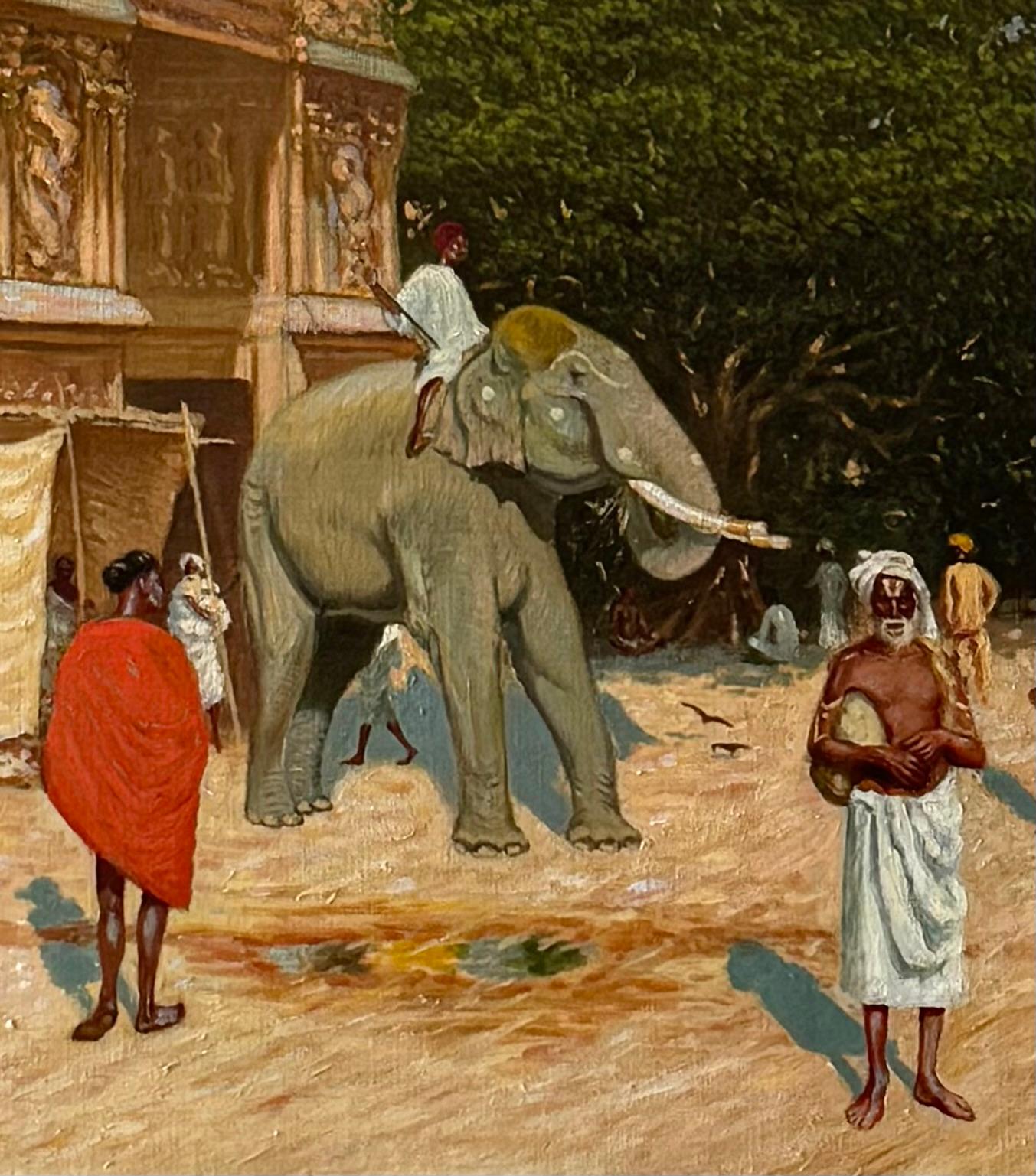 Meenakshi temple hindou et éléphant sacré Madurai Tamil India 1913 - Autres styles artistiques Painting par Andre Chéronnet Champollion