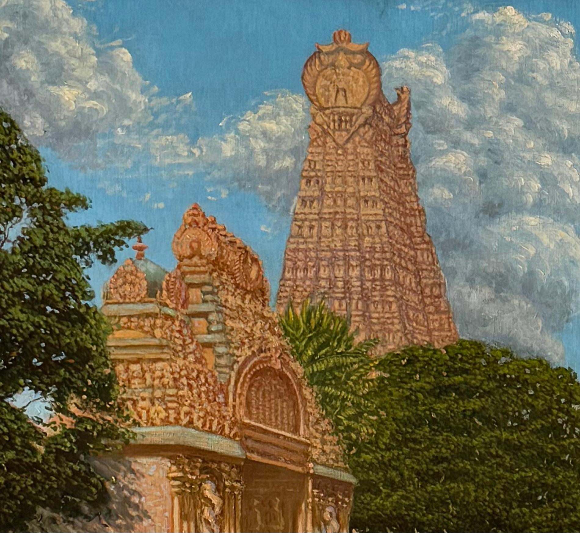 Meenakshi Temple Hindu Priest & Sacred Elephant Madurai Tamil India 1913 o/c For Sale 1