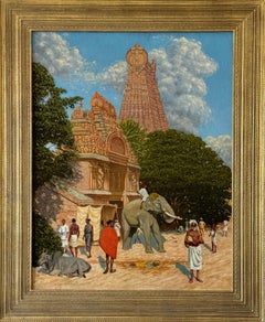 Meenakshi Temple Hindu Preist & Sacred Elephant Madurai Tamil India 1913 o/c