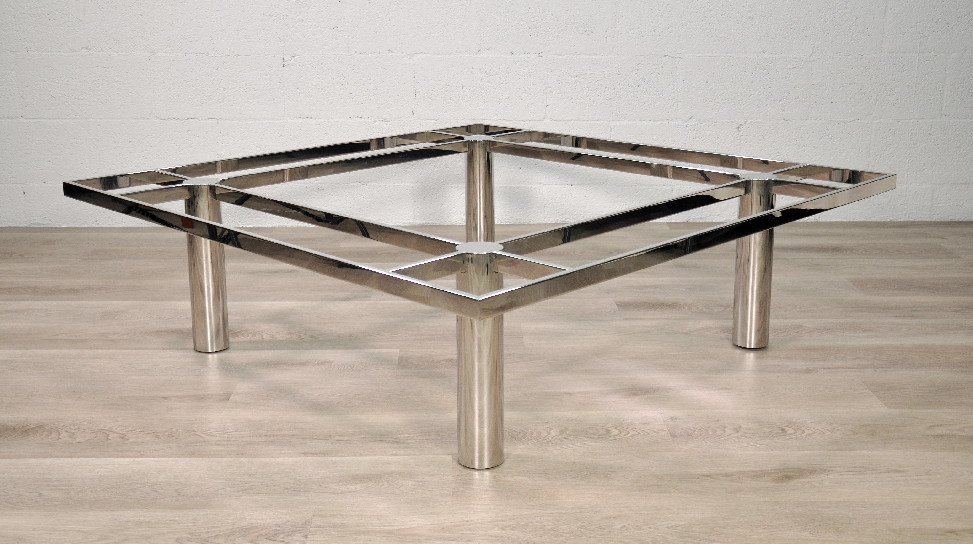 Available with your choice of new clear, smoked or bronzed glass, or just the base if you prefer to source your own glass, marble or stone top. Iconic Mid-Century Modern chrome-plated steel cocktail table designed by Afra & Tobia Scarpa for Knoll in