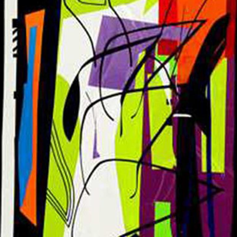 Andre Costa, PR 30, Abstract Acrylic Painting on Vinyl, 19.75 x 19.75, 2015
Colors: Black, White, Green, Purple, Orange, Blue

Andre Costa is Brazilian visual artist and author of  