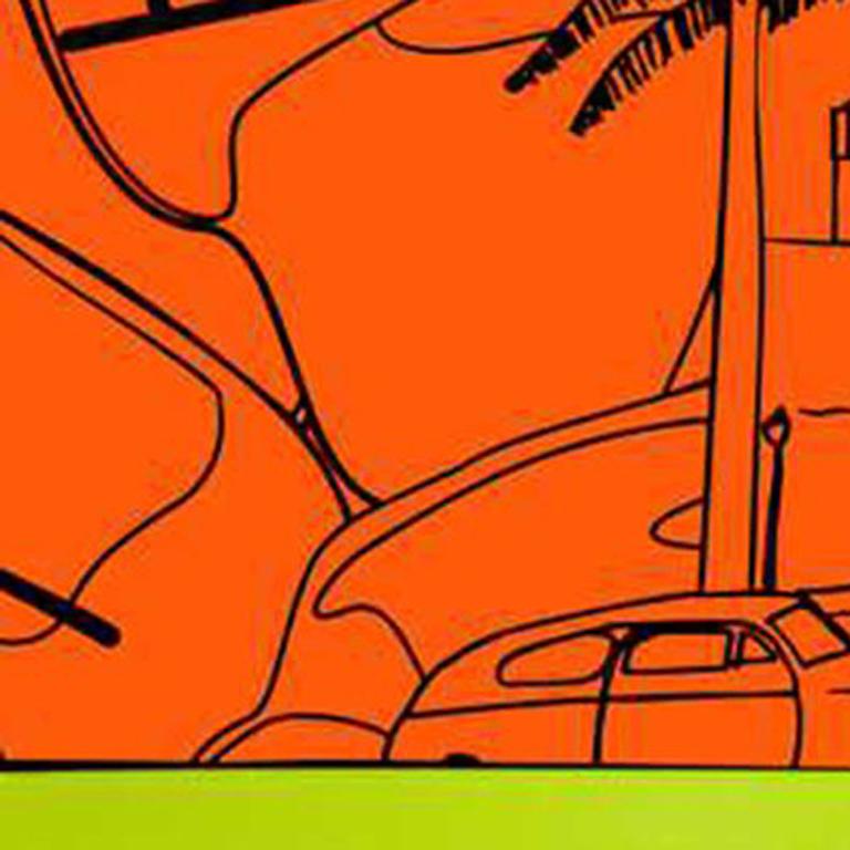 Andre Costa, PR 22, peinture acrylique abstraite sur vinyle, 19,75 x 19,75, 2015.
Couleurs : Noir, orange, vert

Andre Costa est un artiste visuel brésilien et l'auteur de  