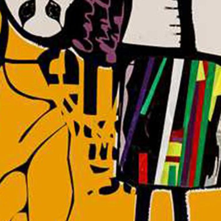 Andre Costa, PR 33, Abstrakte Acrylmalerei auf Vinyl, 19,75 x 19,75, 2015
Farben: Orange, Schwarz, Gelb, Grün, Rot, Blau, Weiß, Lila

Andre Costa ist ein brasilianischer bildender Künstler und Autor von  mit dem Projekt 