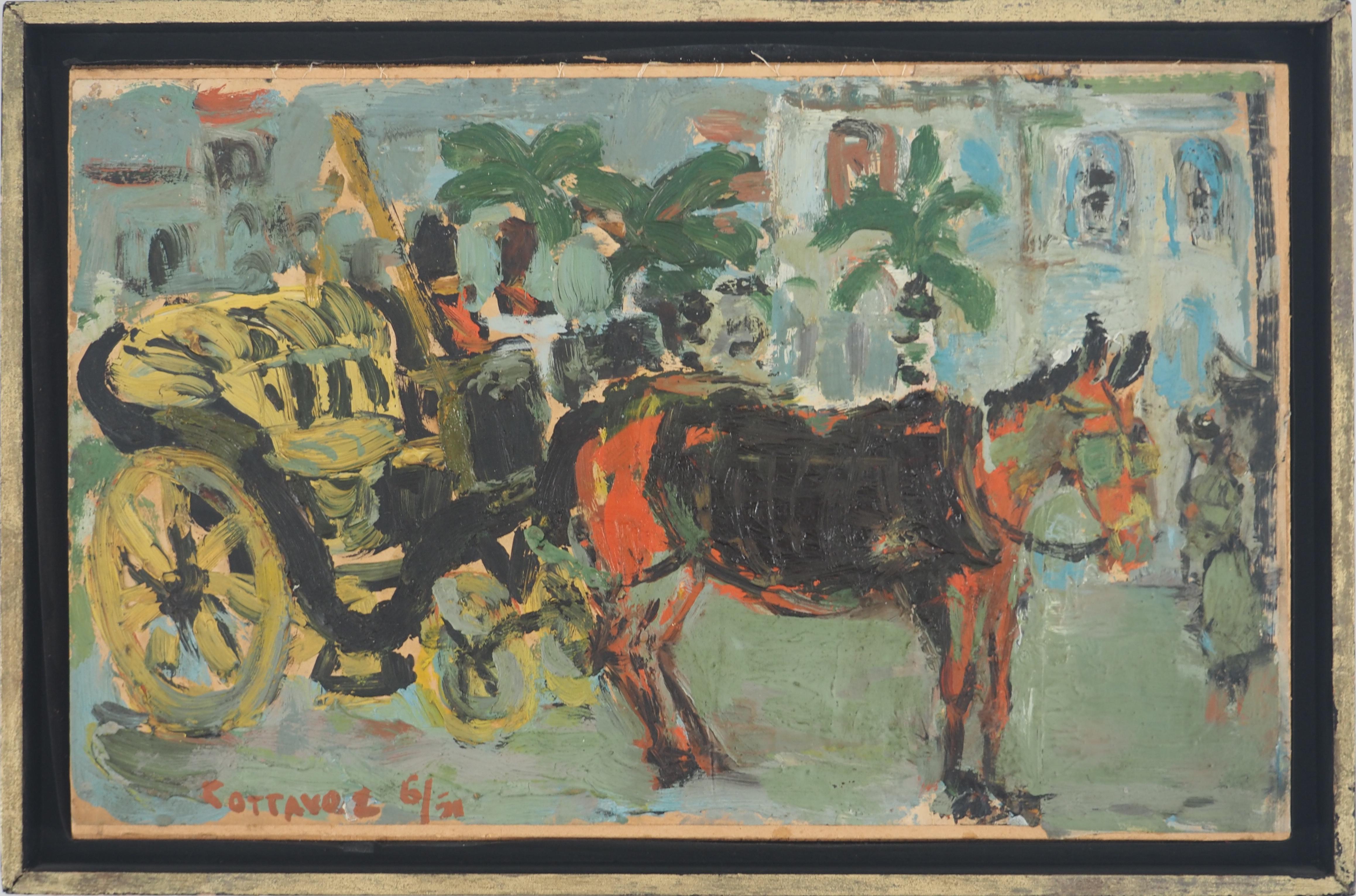 André Cottavoz Animal Painting - French Riviera : The Cabriolet - Original oil painting, Signed