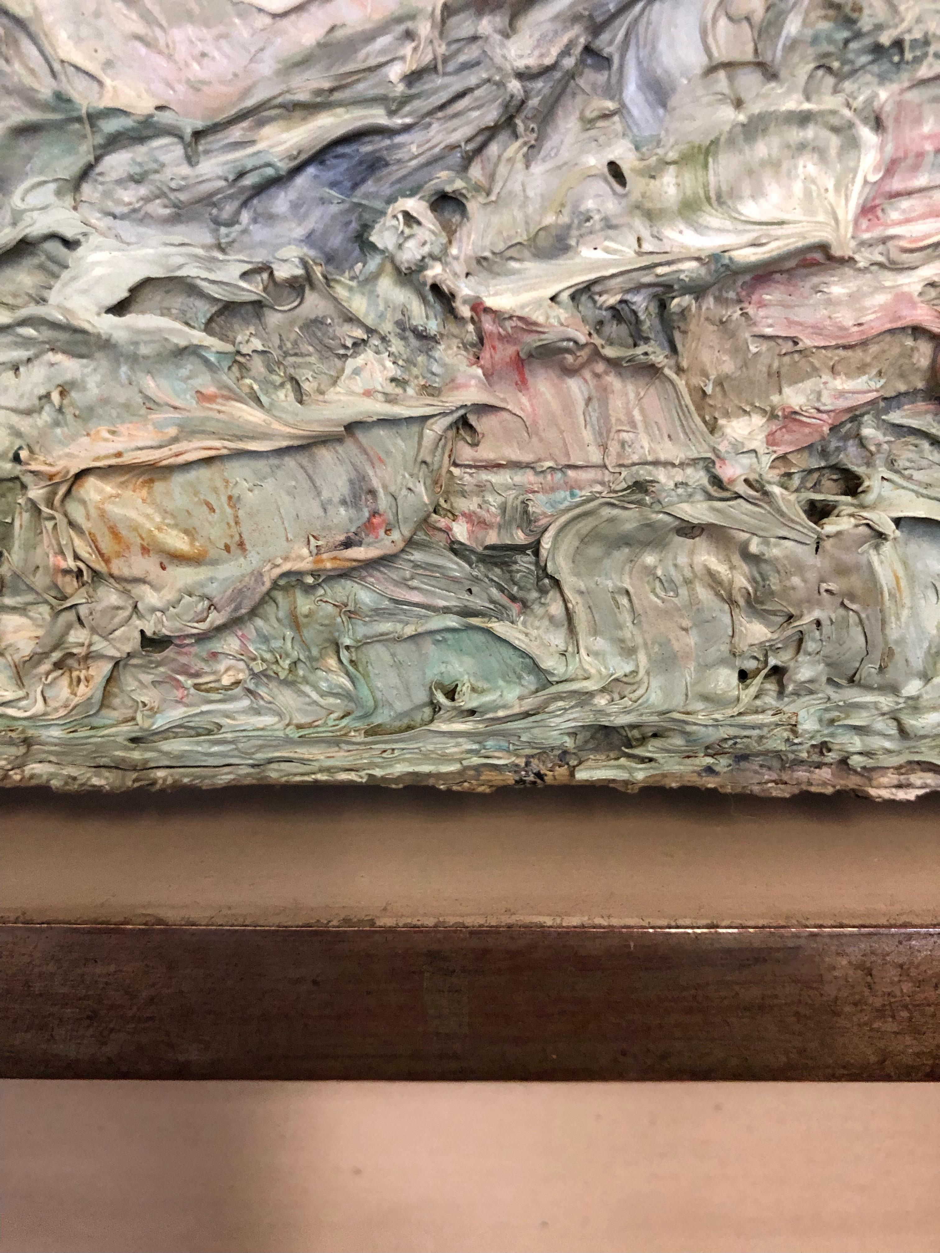 This thickly painted and textural work is lush with mother of pearl type colors. It is suggests a nude but plays with the eye in terms of seeing it completely.  Few artists could apply paint as thickly as it is done here, this is signature Cottavoz.