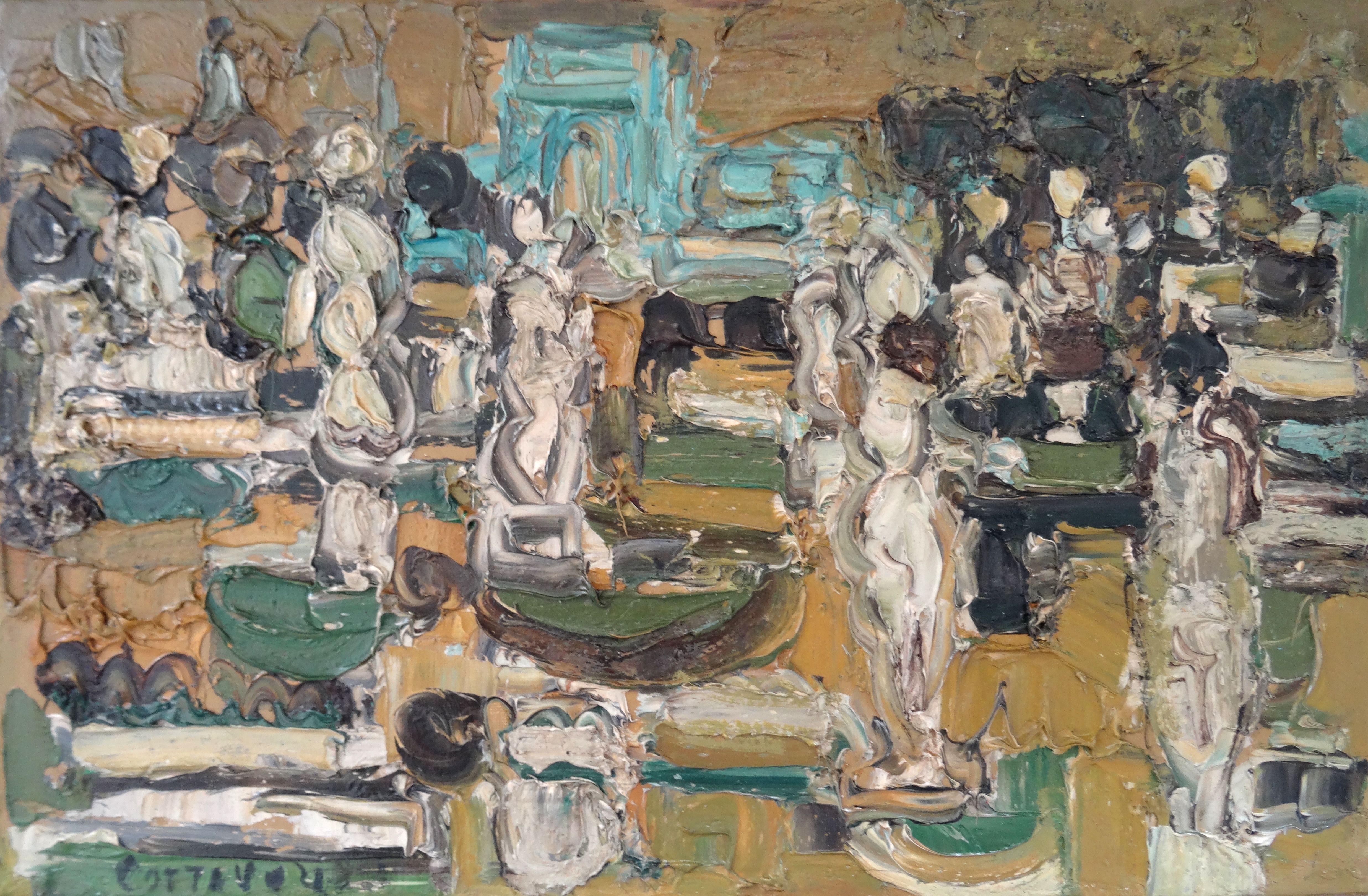 Paris, Jardin des Tuileries. 1961. Huile sur toile, 27x41 cm - Gris Abstract Painting par André Cottavoz
