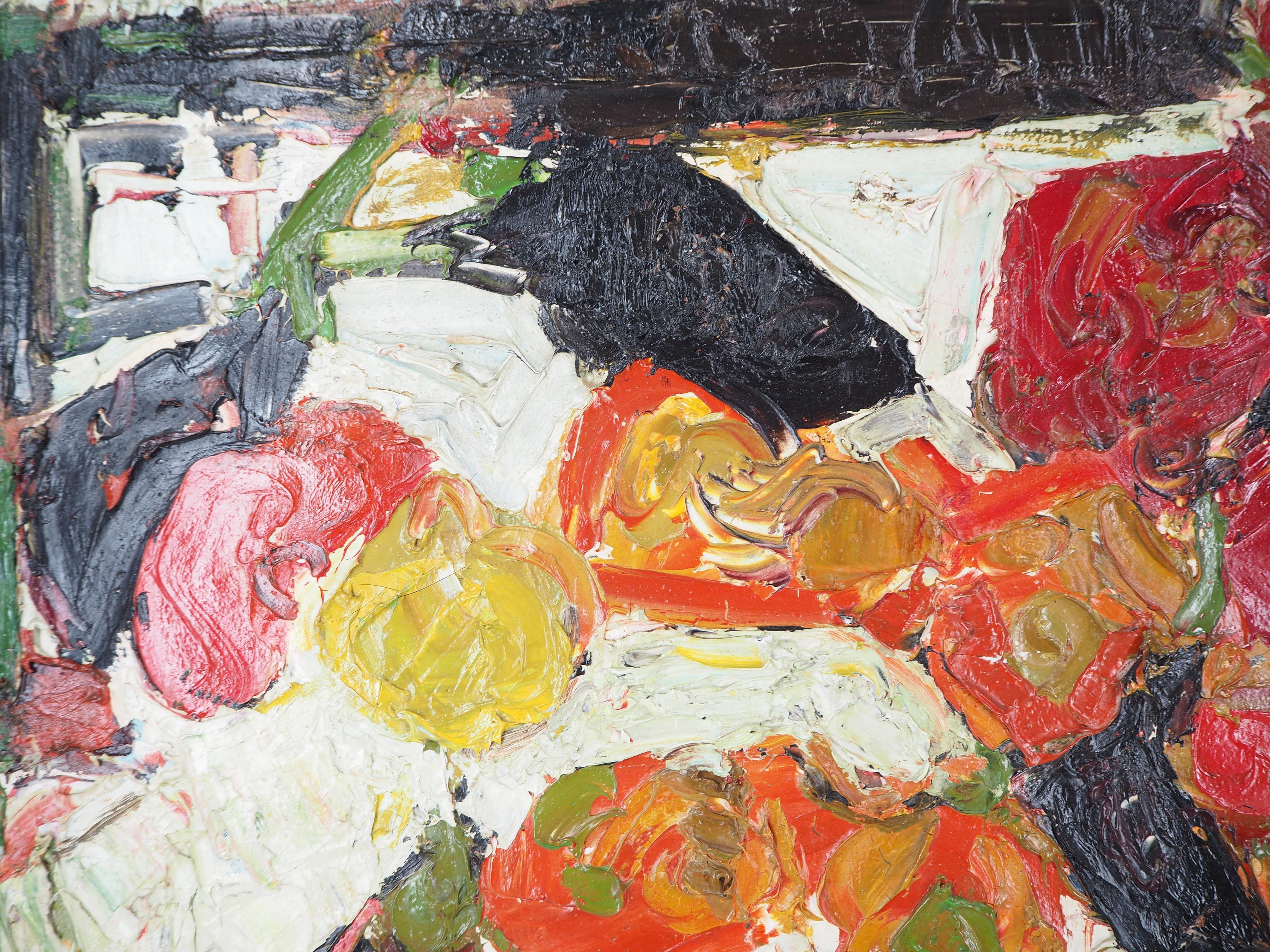 André Cottavoz (1922-2012)
Peppers and eggplants, 1957

Original oil on canvas
Signed in the right corner 
Signed, titled and dated on the back 
On canvas 59 x 72 cm (c. 23 x 28 inch)
Presented in a golden frame 67 x 89 cm (c. 26 x 35