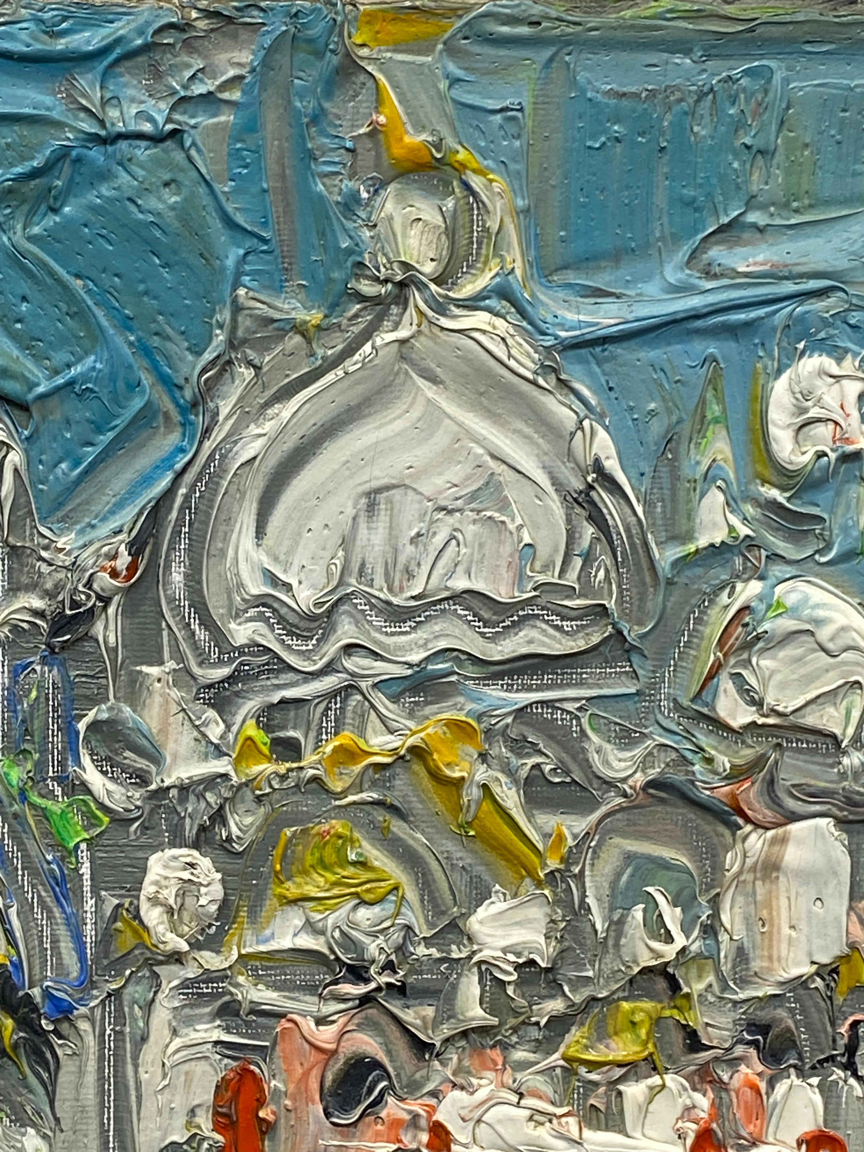 Una obra visualmente interesante y expresiva realizada con pintura impástica gruesa y pinceladas expresivas.  El artista es coleccionista internacional, ¡especialmente en Japón! Cottavoz pintó animadas escenas de Venecia y Francia y otras zonas de