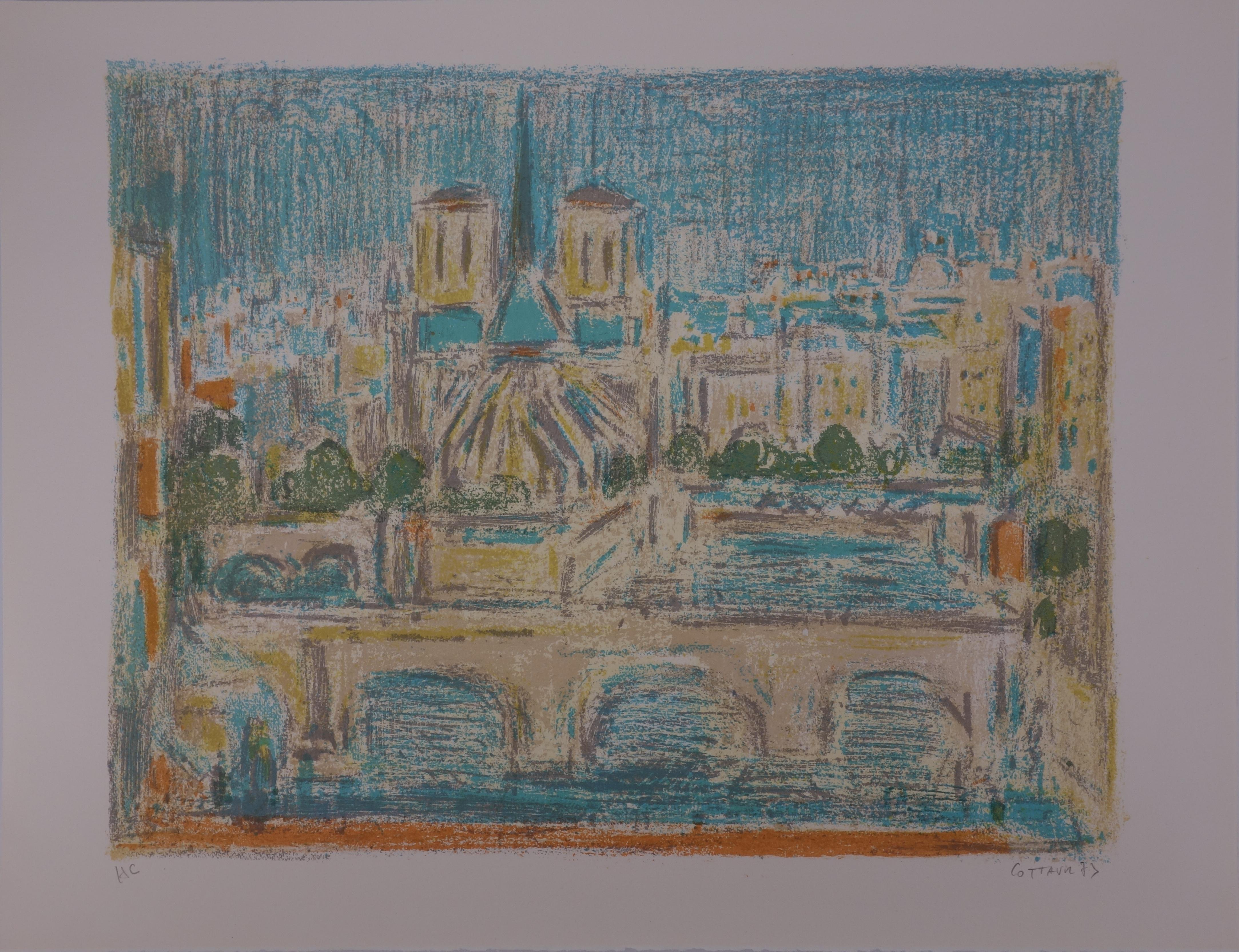 Paris : Notre Dame Viewed from the Seine - Handsigned lithograph (Mourlot 1973)