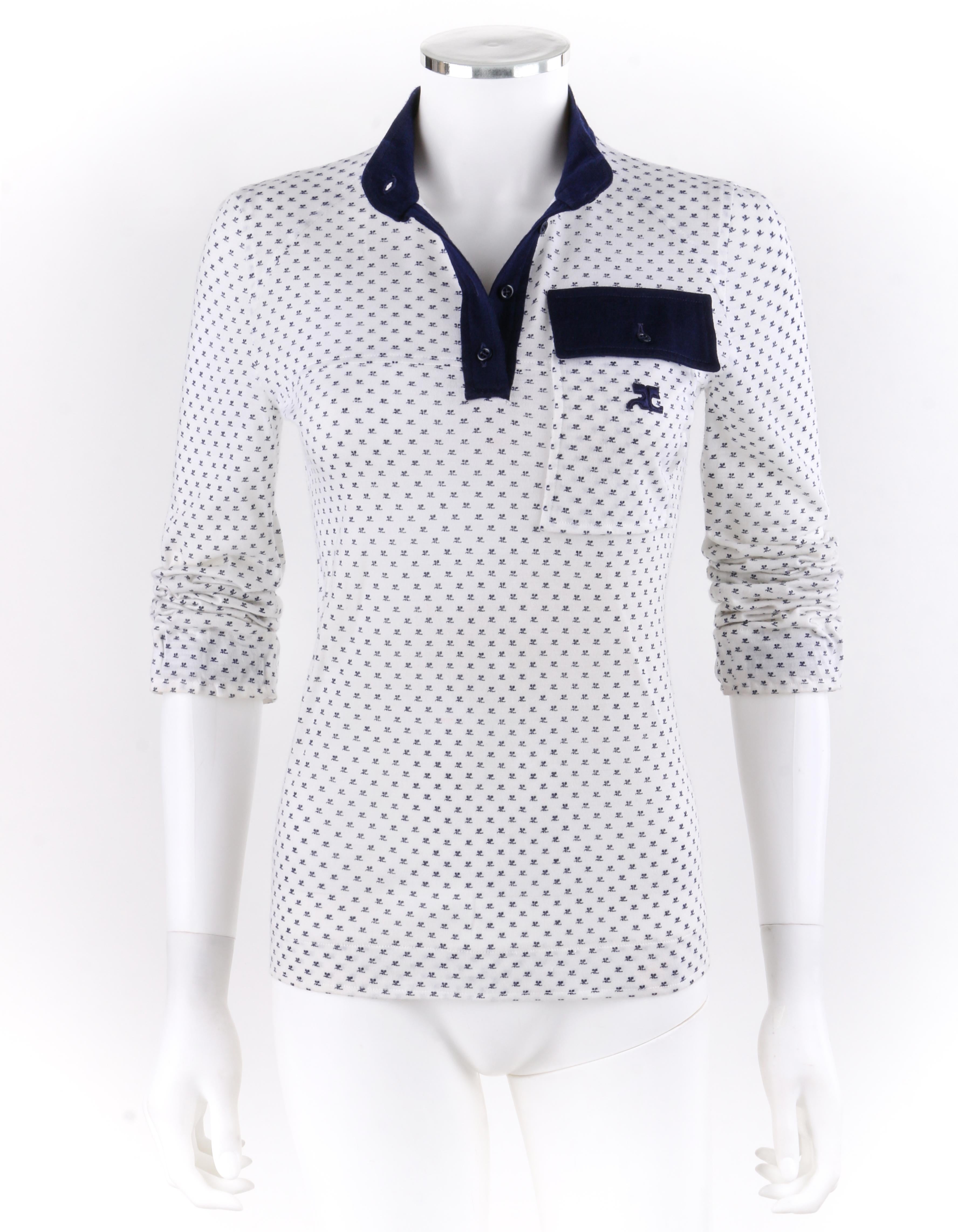 ANDRE COURREGES c.1970’s Blue & White Signature Logo Print Pullover Shirt Top
 
Circa: c.1970’s
Label(s): Courreges Paris
Style: Pullover shirt
Color(s): Blue and white
Lined: No
Marked Fabric Content: Acrylic/nylon
Additional Details / Inclusions: