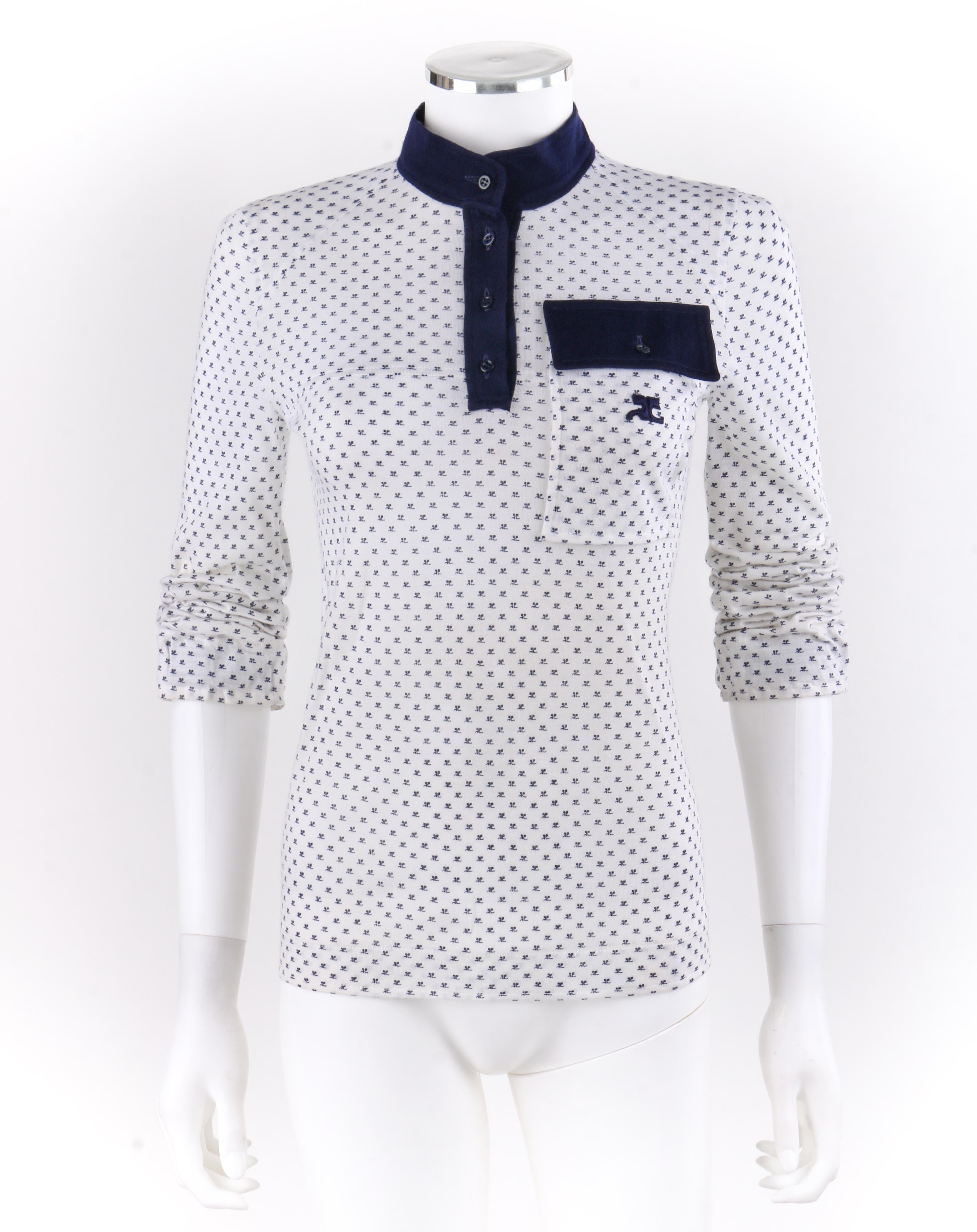 Gray ANDRE COURREGES c.1970's Blue & White Signature Logo Print Pullover Shirt Top