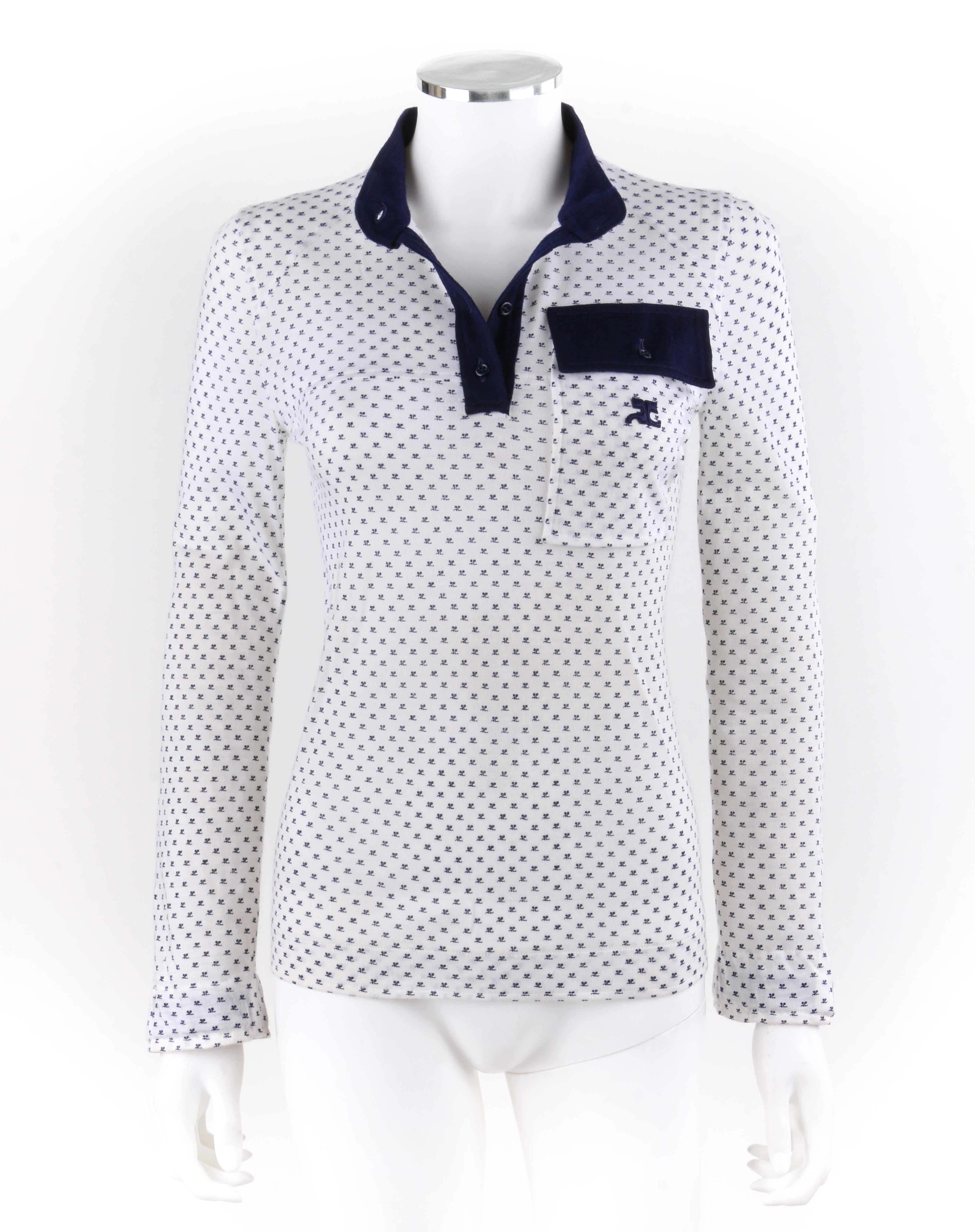 ANDRE COURREGES c.1970's Blue & White Signature Logo Print Pullover Shirt Top In Good Condition In Thiensville, WI