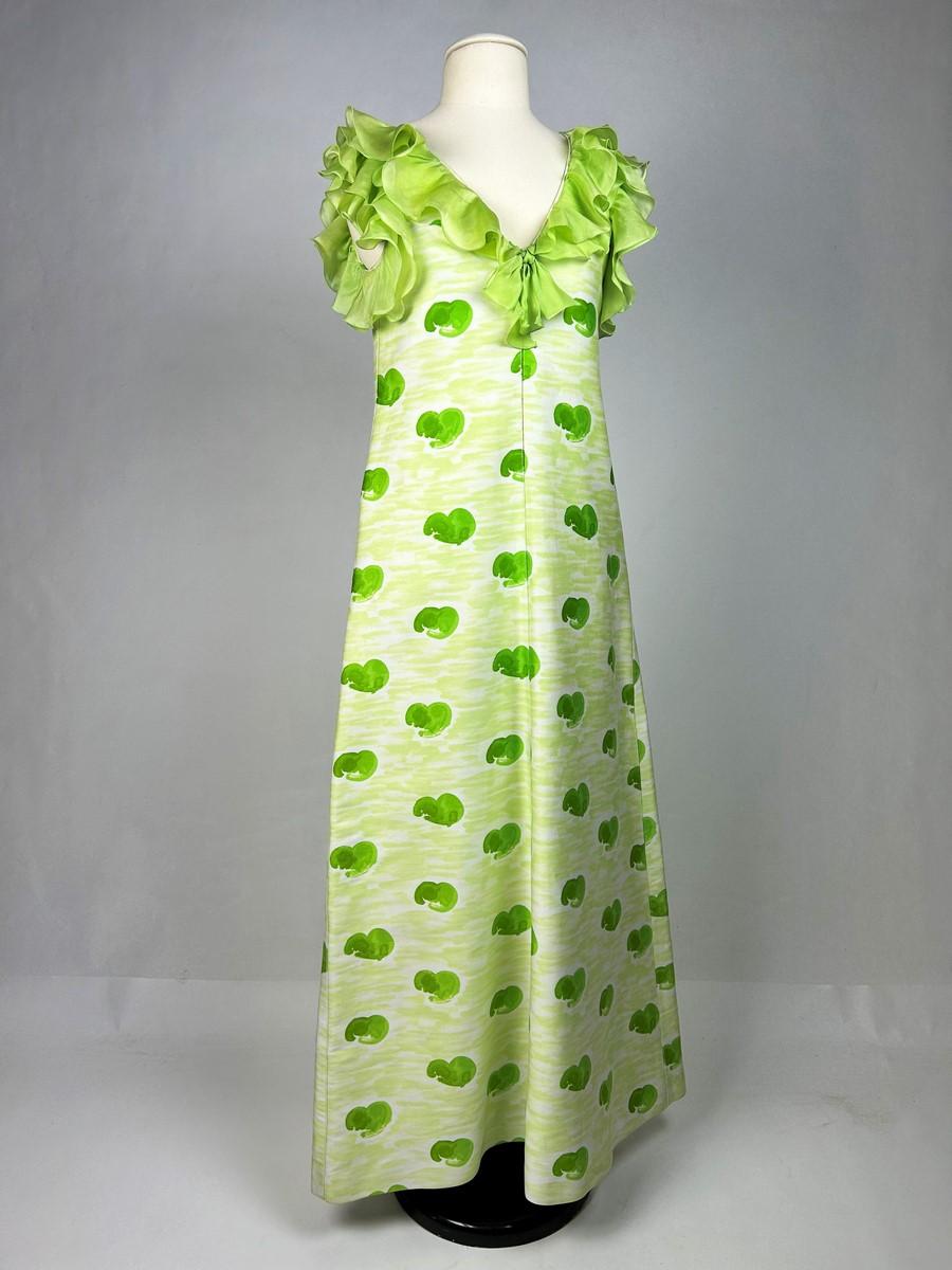 André Courrèges Chasuble dress in green and yellow printed jersey Circa 1970 For Sale 1
