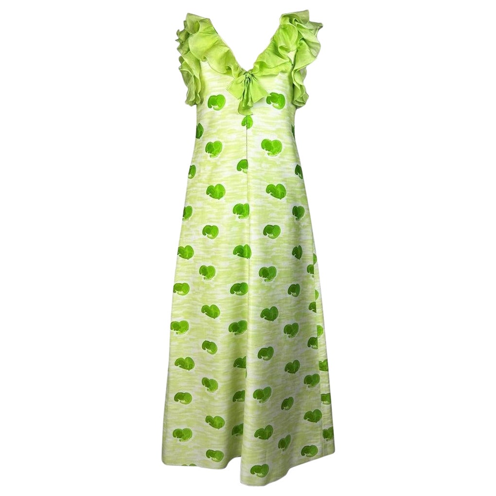 André Courrèges Chasuble-Kleid aus grünem und gelbem bedrucktem Jersey CIRCA 1970 im Angebot