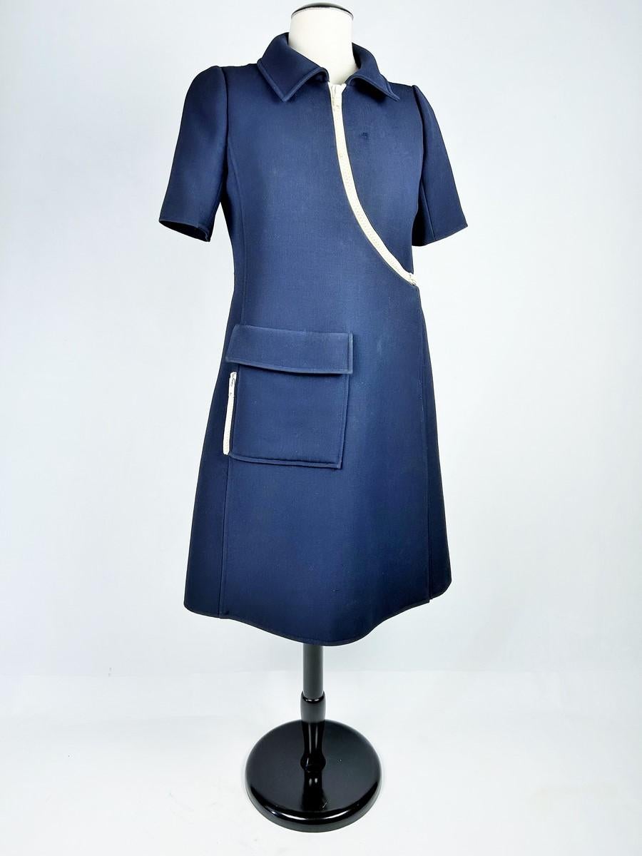André Courrèges Haute Couture dress in navy jersey with white zips Circa 1970 For Sale 1