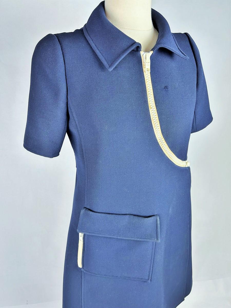 André Courrèges Haute Couture dress in navy jersey with white zips Circa 1970 For Sale 2