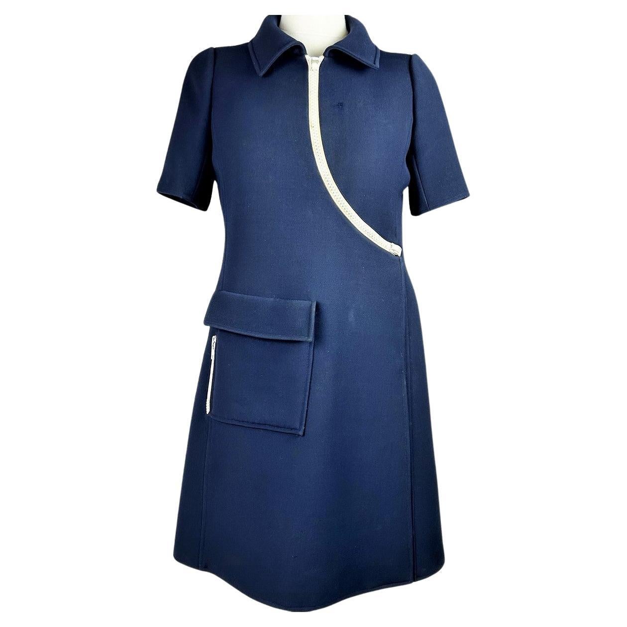 André Courrèges Haute Couture dress in navy jersey with white zips Circa 1970 For Sale